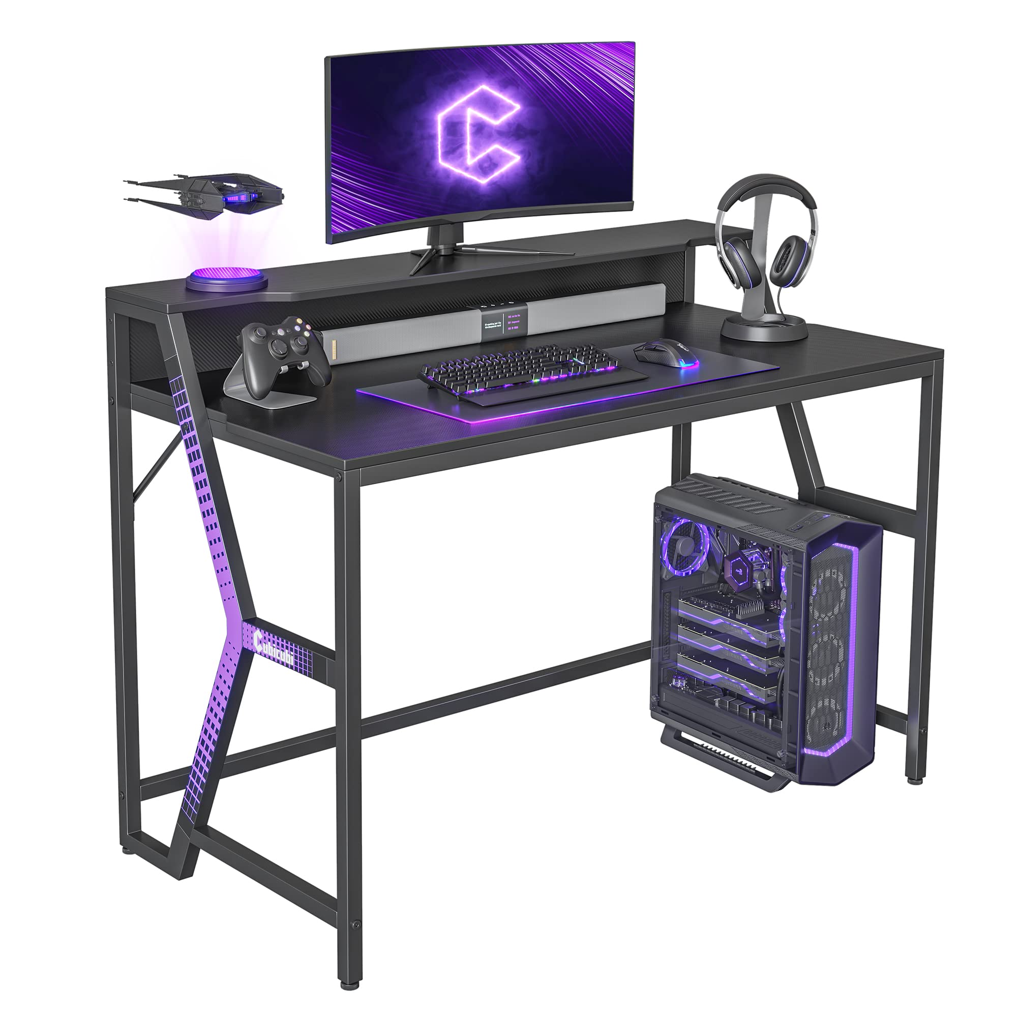 CubiCubi 47 Inch Gaming Desk with Carbon Fiber Surface - Ergonomic PC Computer Desk for Gamers, Home Office Workstation with Monitor Stand - Perfect for Esports, Streaming & Remote Work