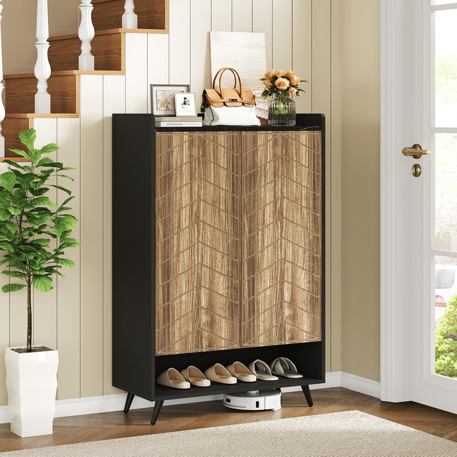 6-Tier Adjustable Shoe Storage Cabinet with Doors - Freestanding Shoe Organizer for Entryway, Hallway & Living Room - Black & Brown Shoe Rack with Bottom Storage Cubby - Perfect for Small Spaces & Clutter-Free Home Organization