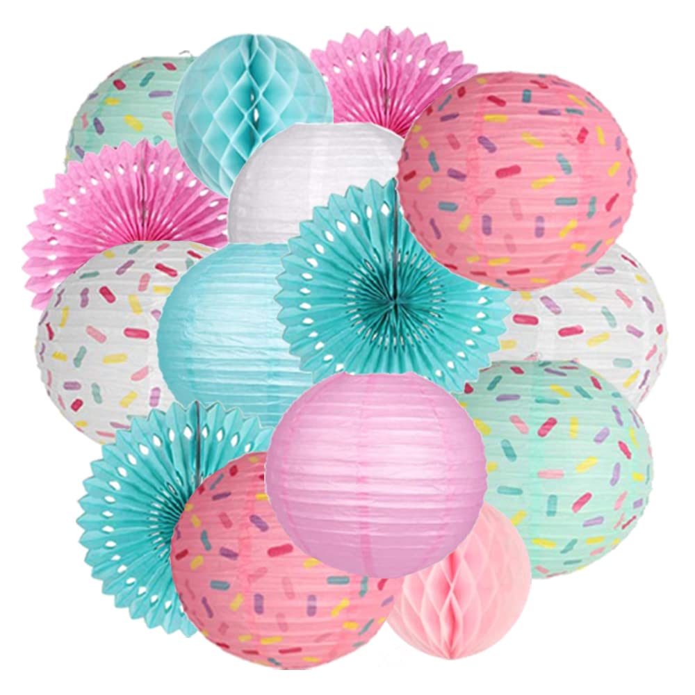 Aiminjey 15PCS Donut Birthday Party Decorations Set - Hanging Donut Paper Lanterns, Honeycomb Balls & Paper Fans for Baby Shower, Ice Cream Party (Blue & Pink Theme, 15 Pieces) - Perfect for Kids Birthday, Dessert-Themed Events & Classroom Celebrations