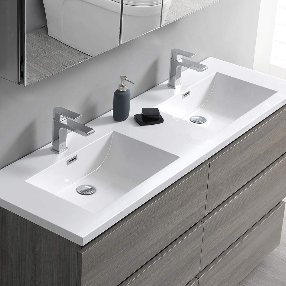 Fresca Lazzaro 60 Inch Gray Wood Modern Double Sink Bathroom Vanity with Medicine Cabinet - Free Standing Design (Faucet Not Included) for Master Bathroom or Guest Bath Remodel