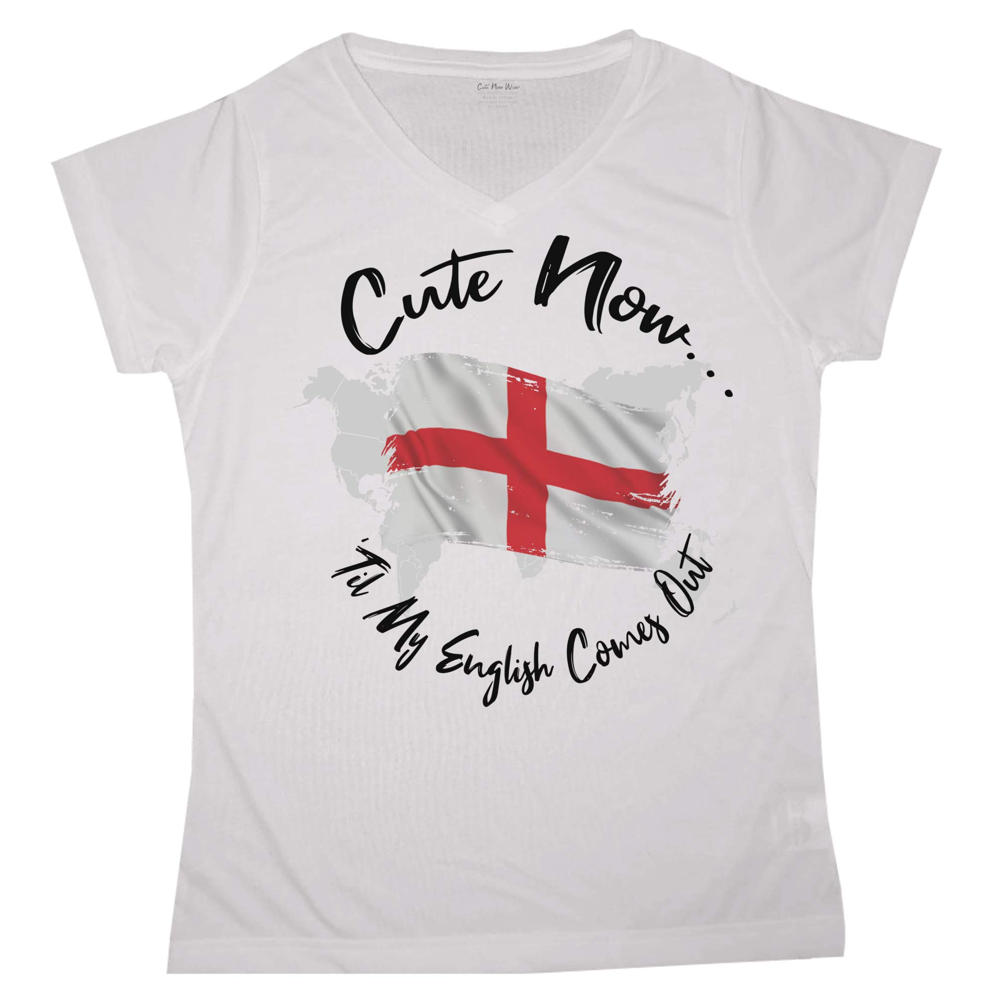Ladies World England V-Neck T-Shirt - 'Til My English Comes Out' Women's White Short Sleeve Flag Tee - Sizes S-XXL - Perfect for Casual Wear, Travel & British-Themed Events