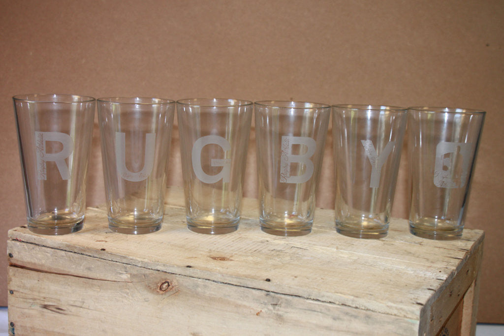 RUGBY Pint Glass 6 Pack - Durable Bar Glasses for Beer, Ale & Cocktails - Perfect for Game Day, Pubs & Home Bars