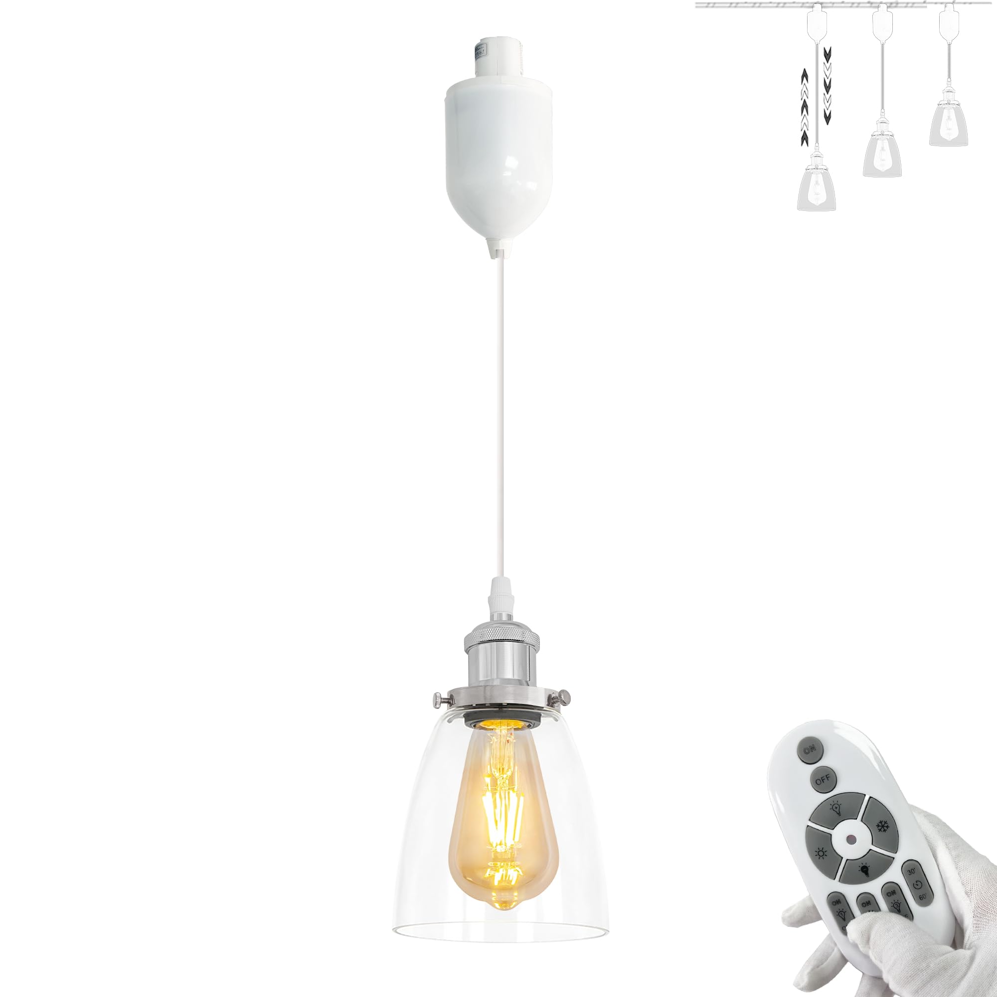 Adjustable Height J Type Track Light Pendant - 4Ft Vintage Style Clear Glass Cone Lamp with Smart Edison Bulbs (2200K-6500K) - Chrome Track Mount with Timer for Table Top, Sloped Ceiling - Perfect for Dining Rooms, Kitchens, and Retail Spaces
