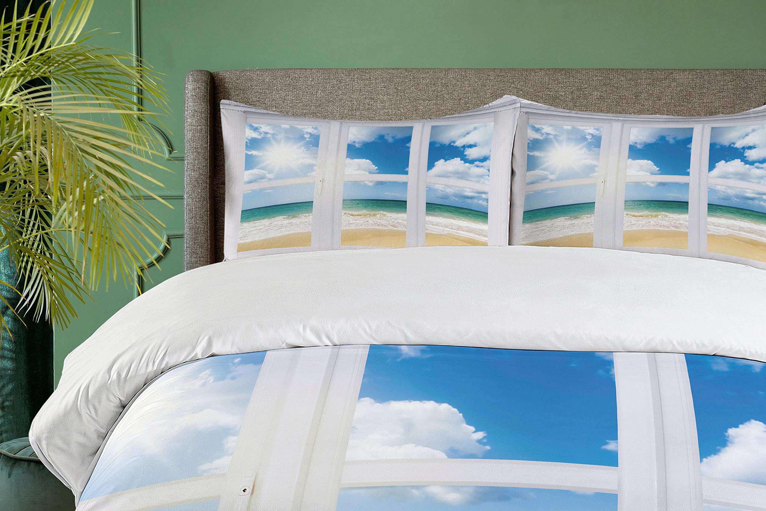 Ambesonne Beach Duvet Cover Set - Queen Size 3 Piece Coastal Bedding with 2 Pillow Shams, Ocean View & Sandy Cloudscape Design in Blue Teal Sand Brown - Perfect for Beach House Decor, Coastal Bedroom Theme & Vacation Home Styling