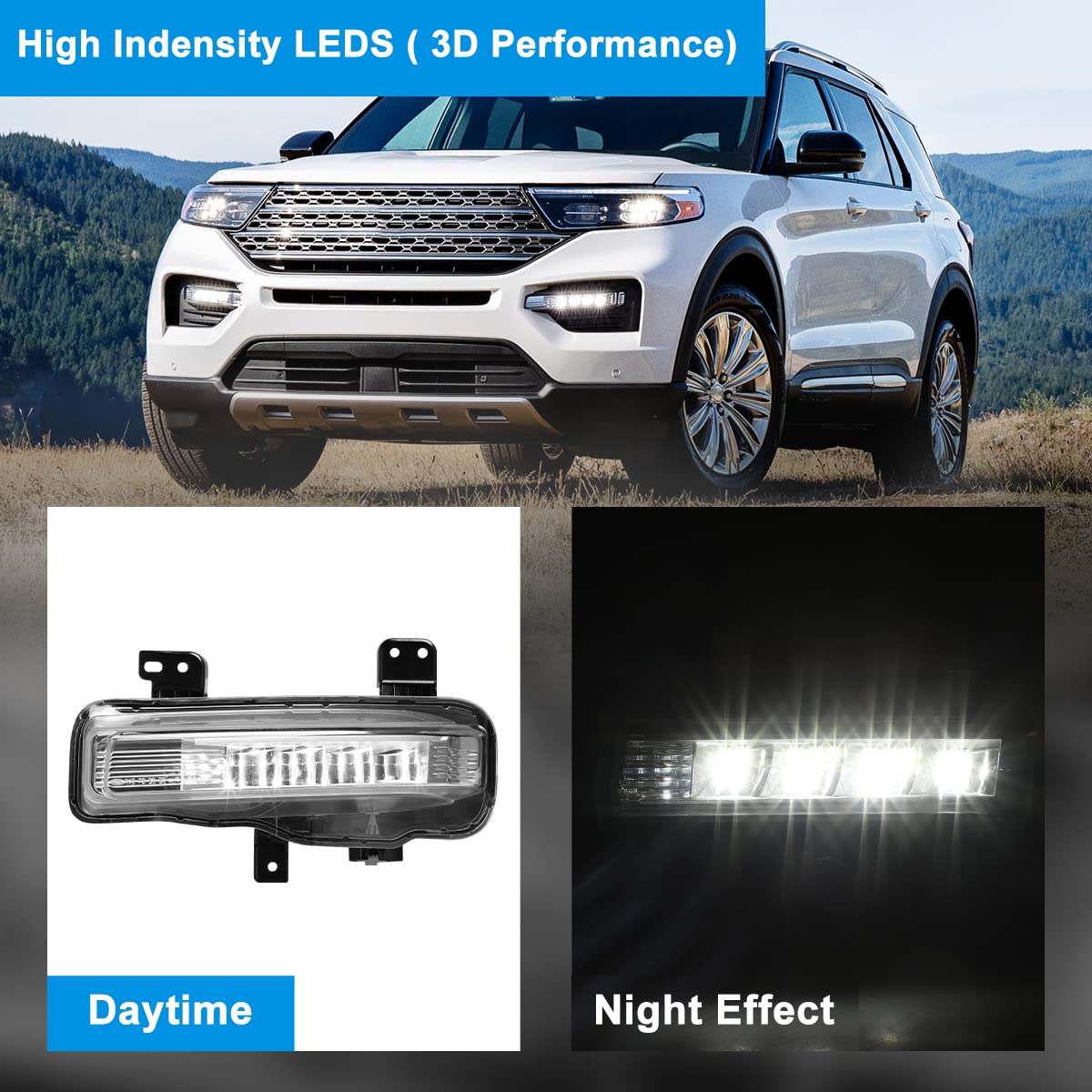 ROXX LED Fog Lights Assembly for 2020-2022 Ford Explorer - OEM Replacement Driving Fog Lamps with Wiring Kit & Switch (Driver & Passenger Side) - Perfect for Night Driving and Off-Road Adventures