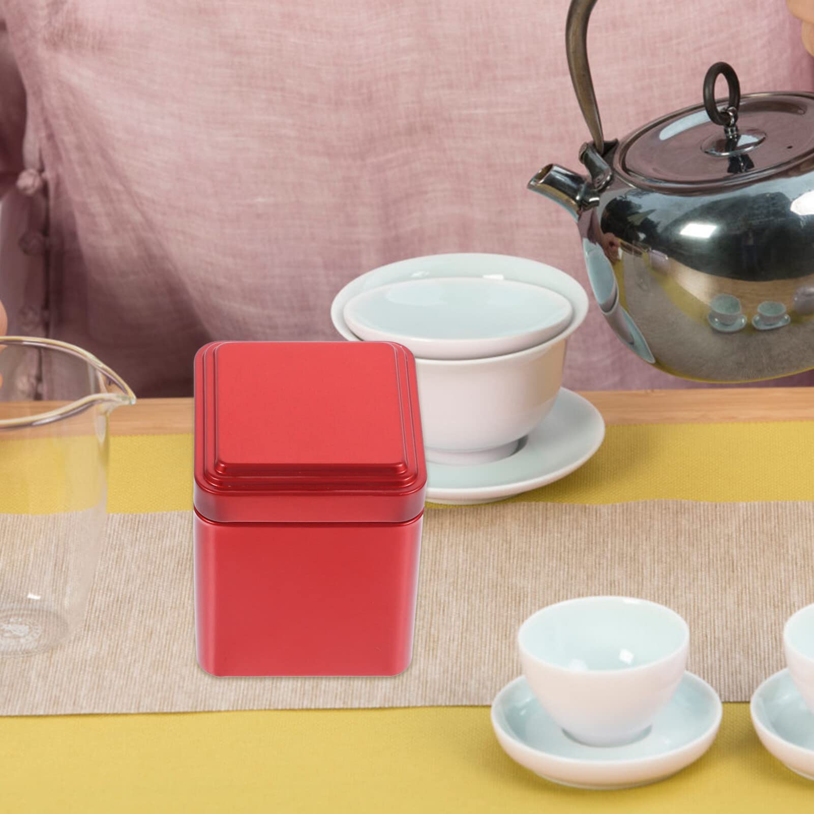 STOBAZA 4-Piece Tin Tea Storage Box Set - Red Loose Leaf Tea Organizer & Tea Bag Holder for Kitchen, Office, or Gift (Tea Caddy, Tea Buffet)