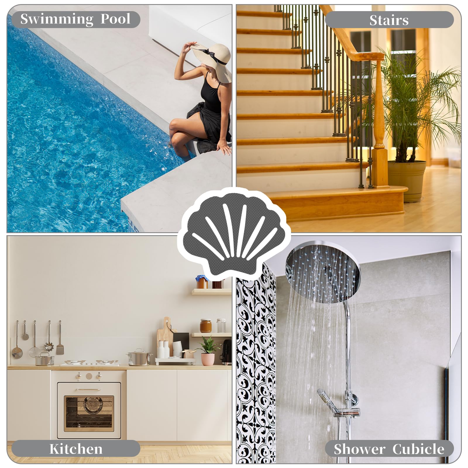 12 Pack Non-Slip Shower Stickers - Anti-Skid Bath Tub Safety Decals for Adults, Kids & Elderly - Shell Shaped Adhesive Treads for Showers, Bathtubs, Stairs, Ladders & Boats (Grey) - Prevent Slips & Falls in Wet Areas