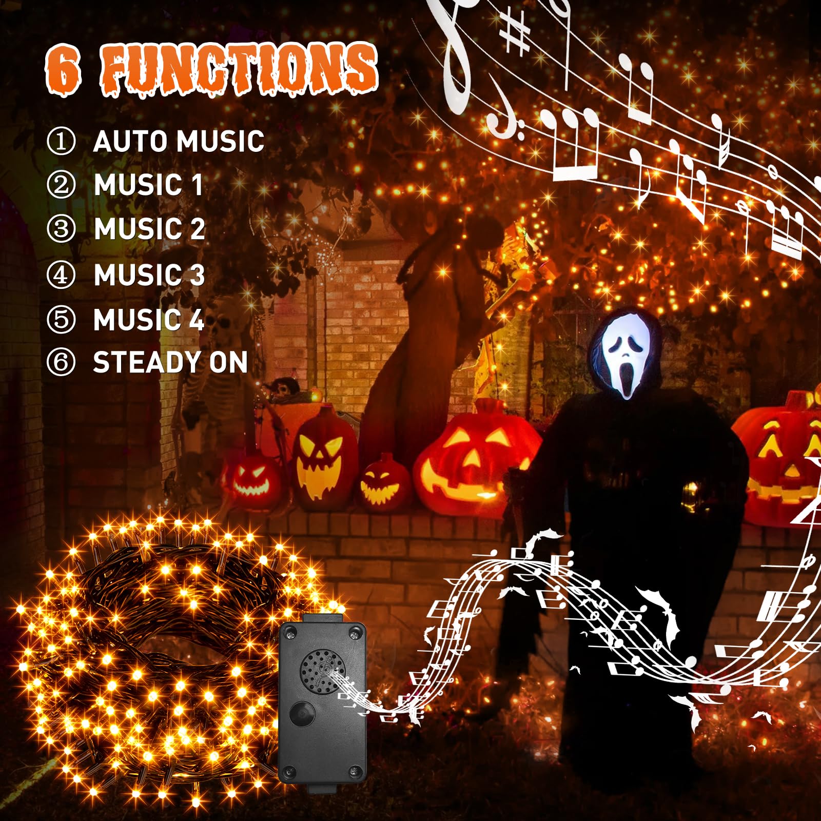Vanthylit 82FT 200 LED Halloween String Lights with Music - Waterproof Orange Outdoor Lights with Motion Sensor - Perfect for Halloween Yard Decorations, Party Lighting, and Spooky Porch Displays