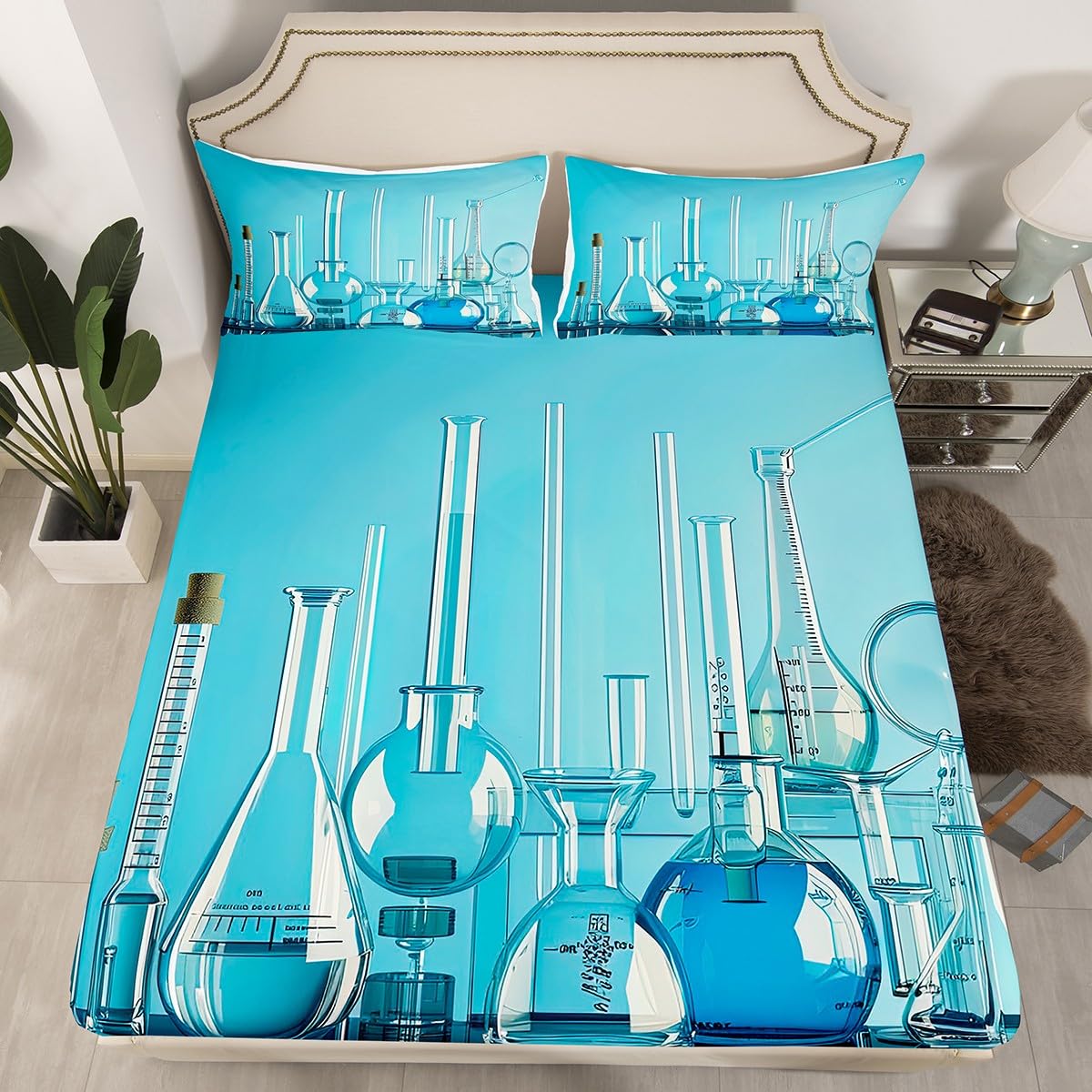 Boys Science Themed Fitted Queen Sheet Set - Chemistry Lab Design with Test Tubes & Glass Bottles for Teen Bedroom Decor | Perfect for Science Enthusiasts & STEM Education Rooms