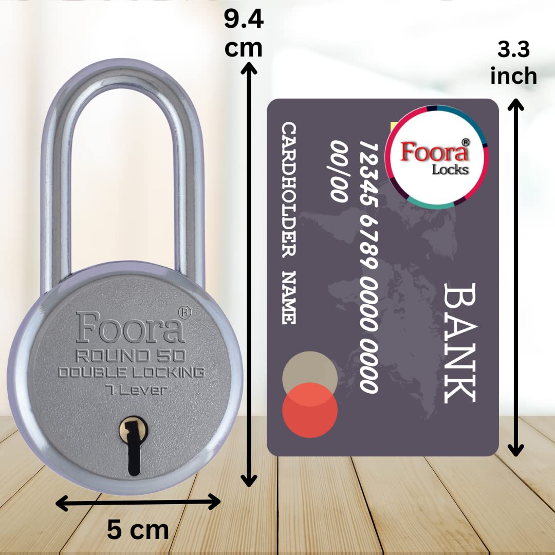 Foora 50mm Round Long Neck Shackle Padlock with 5 Keys - Double Locking 7 Lever Security Lock for Home, Gate, Shutter, Shed, Toolbox & Storage - Durable Outdoor & Indoor Use for Enhanced Protection
