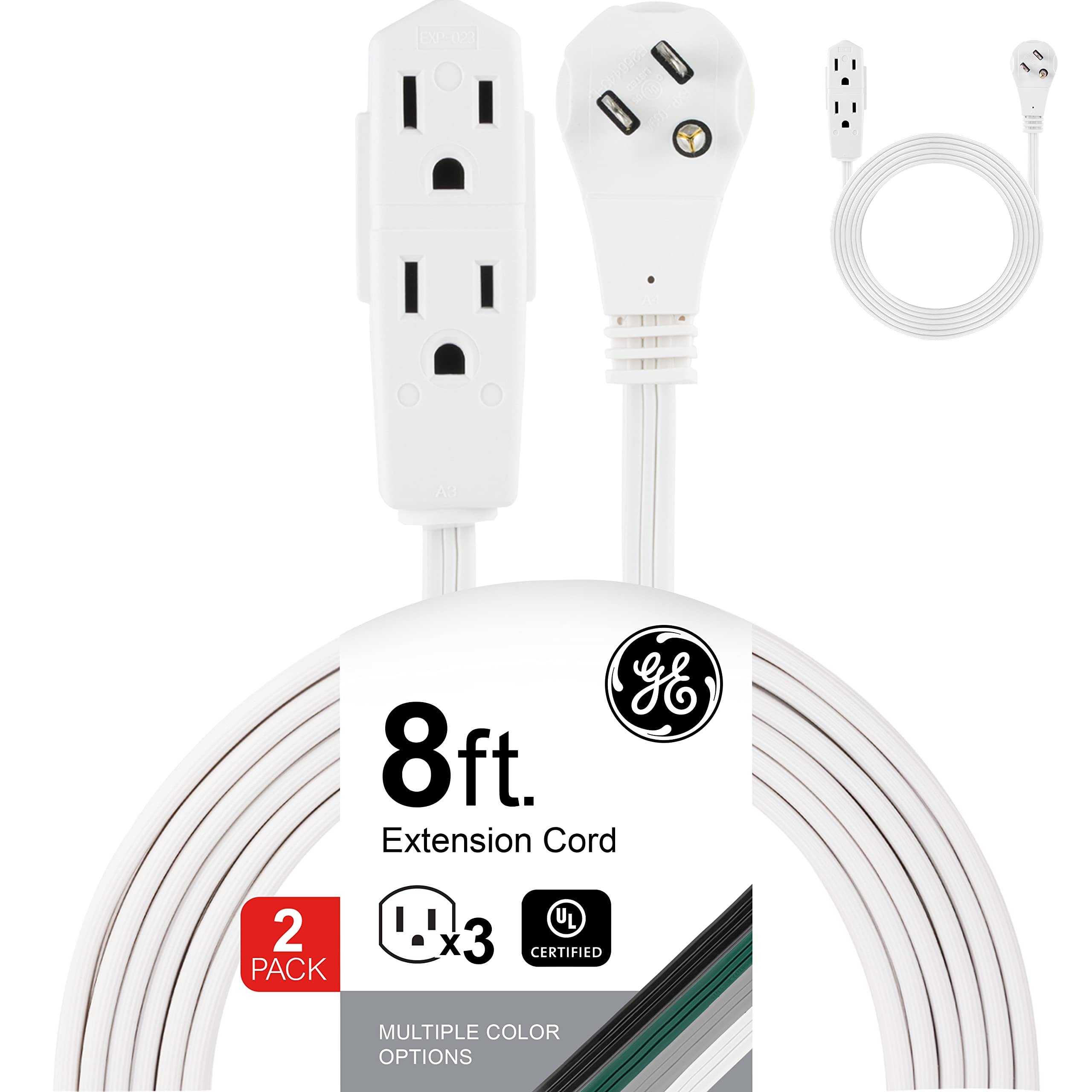 GE 3-Outlet Flat Extension Cord 8 Ft - 16 Gauge Grounded Power Strip with Flat Plug, 3 Prong Outlet Extender, UL Listed (2 Pack, White) - Perfect for Home Office, Bedroom & Indoor Electronics