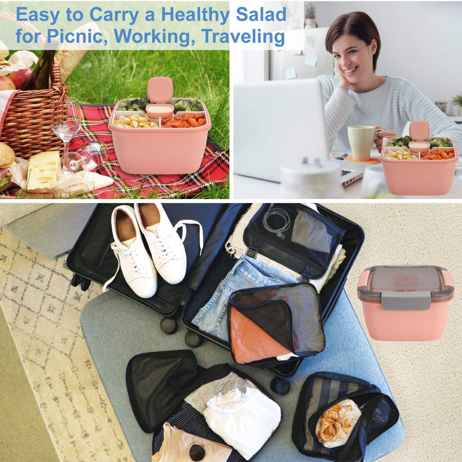 Freshmage 52-oz 3-Compartment Salad Lunch Containers To Go - 2 Pack BPA-Free Leakproof Bowls with Dressing Containers for Toppings & Snacks (Pink & Green) - Perfect for Office Lunch, Meal Prep, Picnics & Healthy Eating On-The-Go