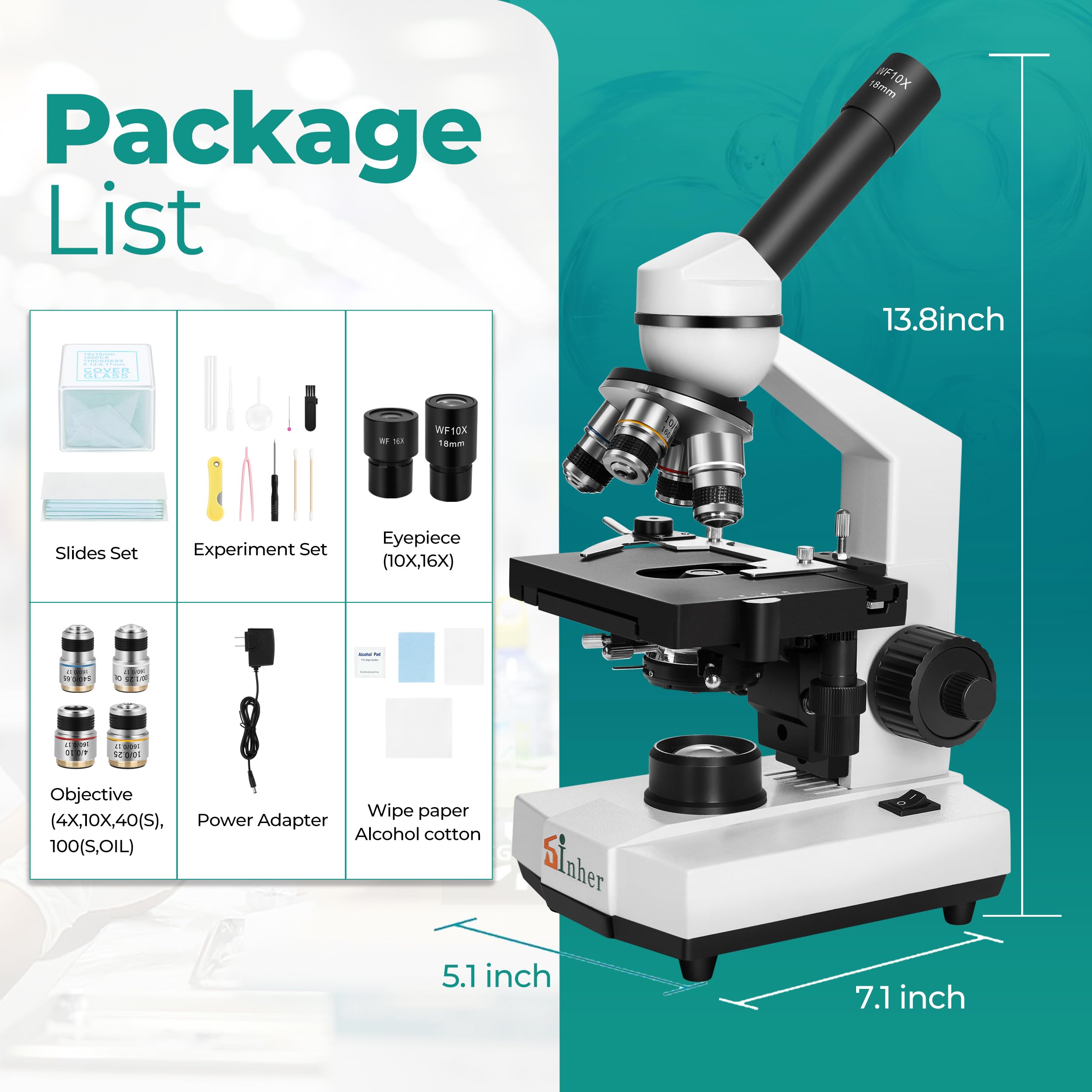 Professional Compound Monocular Microscope 40X-1600X Magnification for Adults & Students - Science Lab Microscope Kit with Prepared Slides - Perfect for Home Education, School Labs & STEM Learning (Ages 8-12)