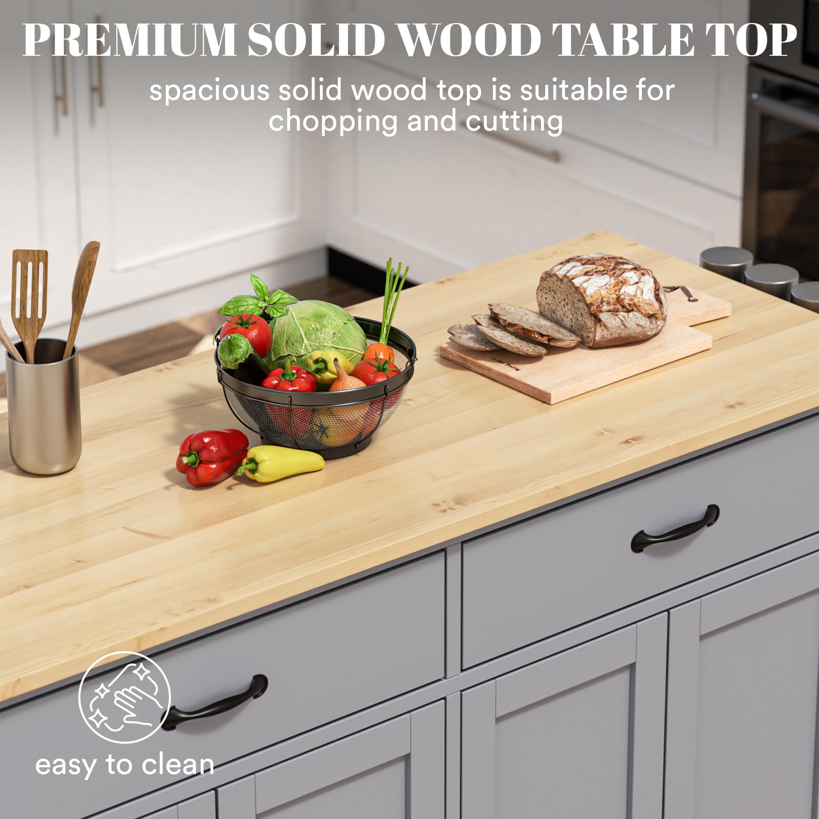 Rovibek 54-Inch Large Kitchen Island on Wheels with Storage, Drawers, Cabinet, Spice Rack & Towel Rack - Mobile Rolling Wood Cart for Kitchen, Dining Room - Perfect for Extra Counter Space, Food Prep & Entertaining