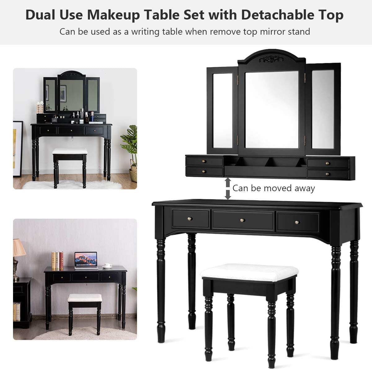 Byroce Vanity Table Set with Large Tri-Folding Mirrors, Makeup Dressing Table with 7 Drawers, 6 Desktop Organizers & 8 Necklace Hooks - Includes Cushioned Stool & Removable Top in White, Black or Brown (BC-HW66046) - Perfect for Bedroom, Dressing Room & Beauty Salon Organization