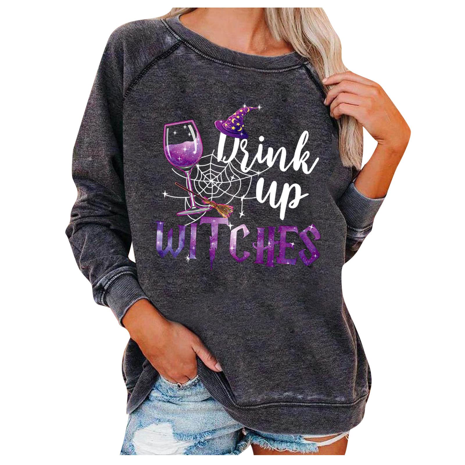 Funny Halloween Shirts for Women - Long Sleeve Crewneck Sweatshirt with Skeleton Hand & Pumpkin Design | Perfect for Halloween Parties, Costume Contests & Spooky Season Outfits