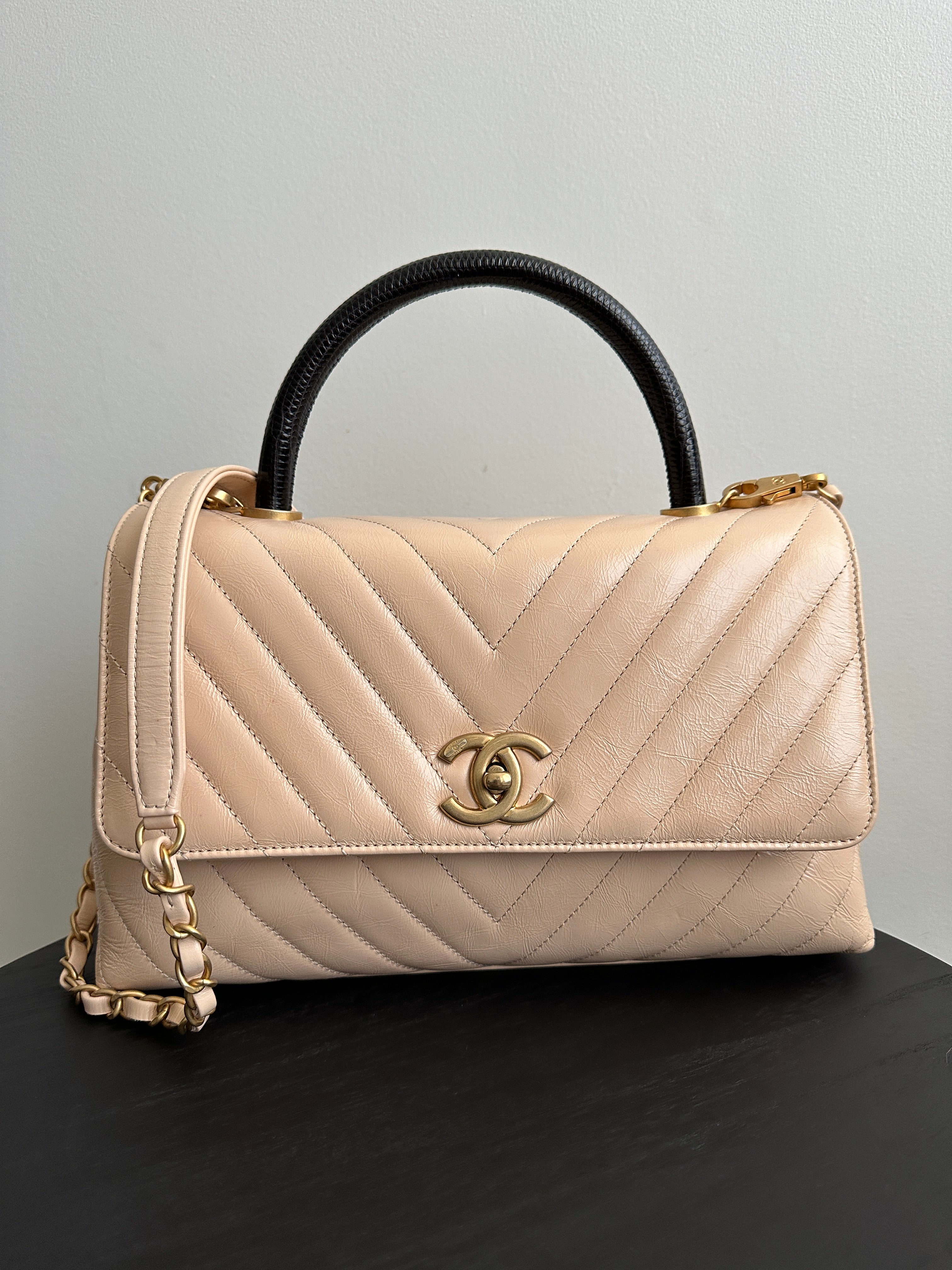 Chanel Nude Chevron Aged Leather Exotic Top Handle Flap Bag - Luxury Designer Handbag for Women, Perfect for Parties, Work & Special Occasions