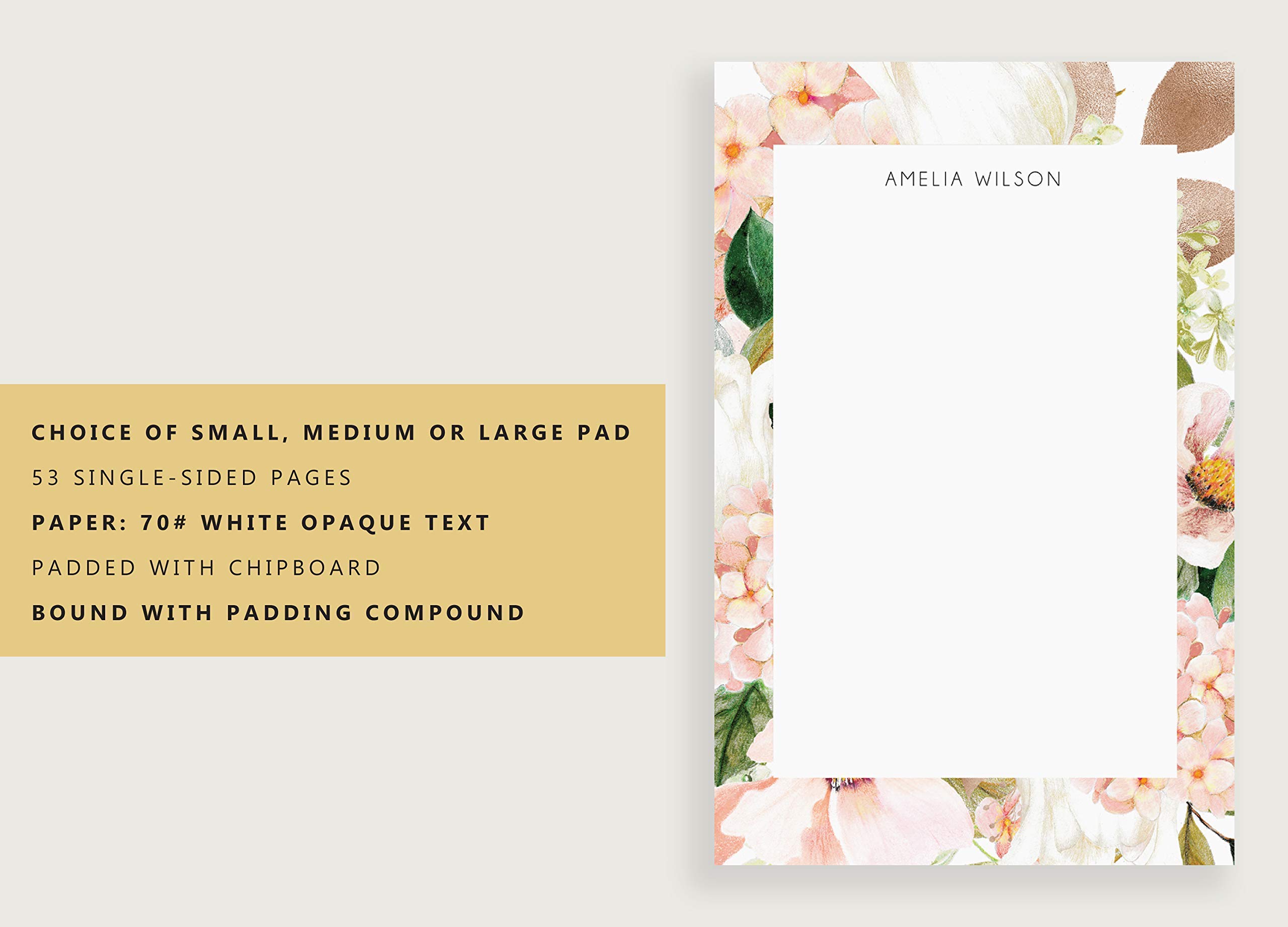 Personalized Pink Floral Stationery Notepads - Lined or Unlined, 3 Sizes (Small, Medium, Large) for Office, School & Home Use - Perfect for Notes, Letters & Gift Giving