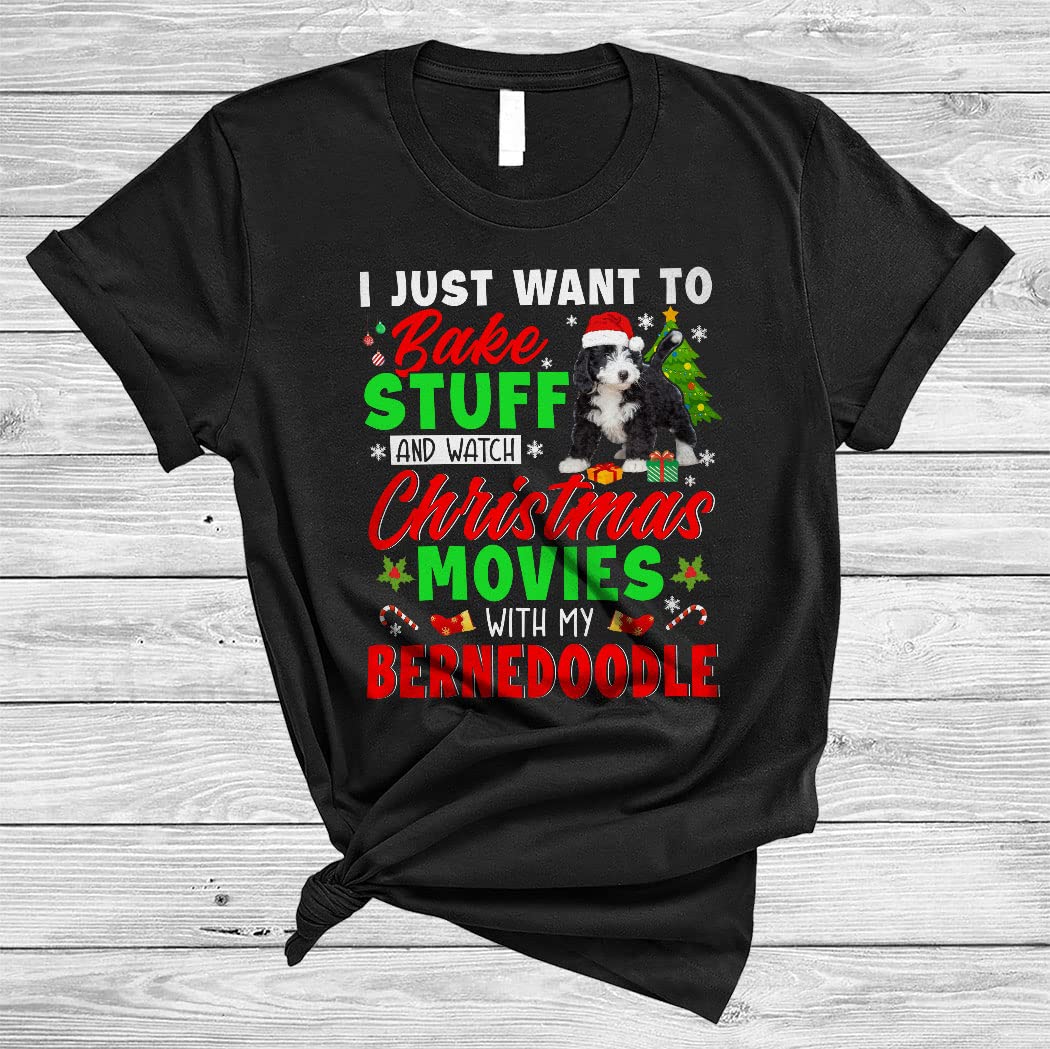 Funny Santa Dog Unisex T-Shirt - Cute Bernedoodle Baking & Christmas Movies Design | Perfect Gift for Dog Lovers & Holiday Enthusiasts | Wear for Christmas Parties, Family Gatherings & Casual Outfits