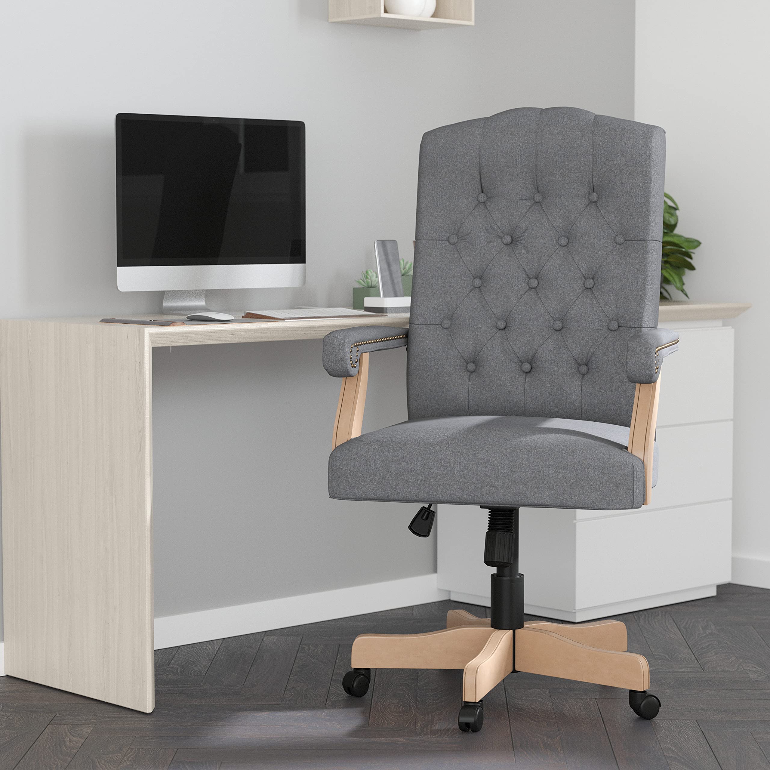 Merrick Lane Versailles High Back Office Chair - Grey Fabric Upholstery with Driftwood Arms & Base - Adjustable Height & 360° Swivel - Ergonomic Desk Chair for Home Office, Study, or Workspace