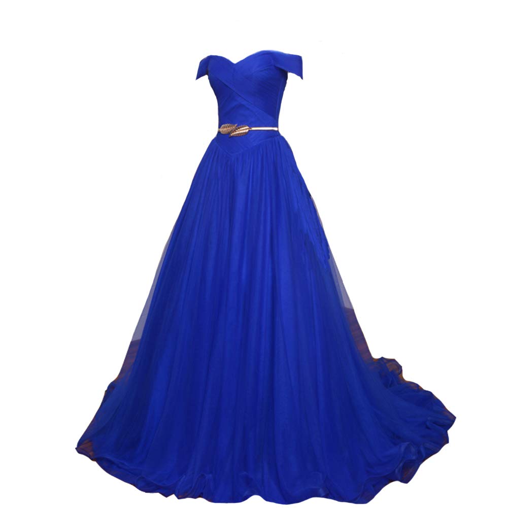 Kivary® Off Shoulder Gold Sash Long Corset Formal Prom Evening Dresses for Women - Elegant Gown for Homecoming, Ball, Wedding & Special Occasions