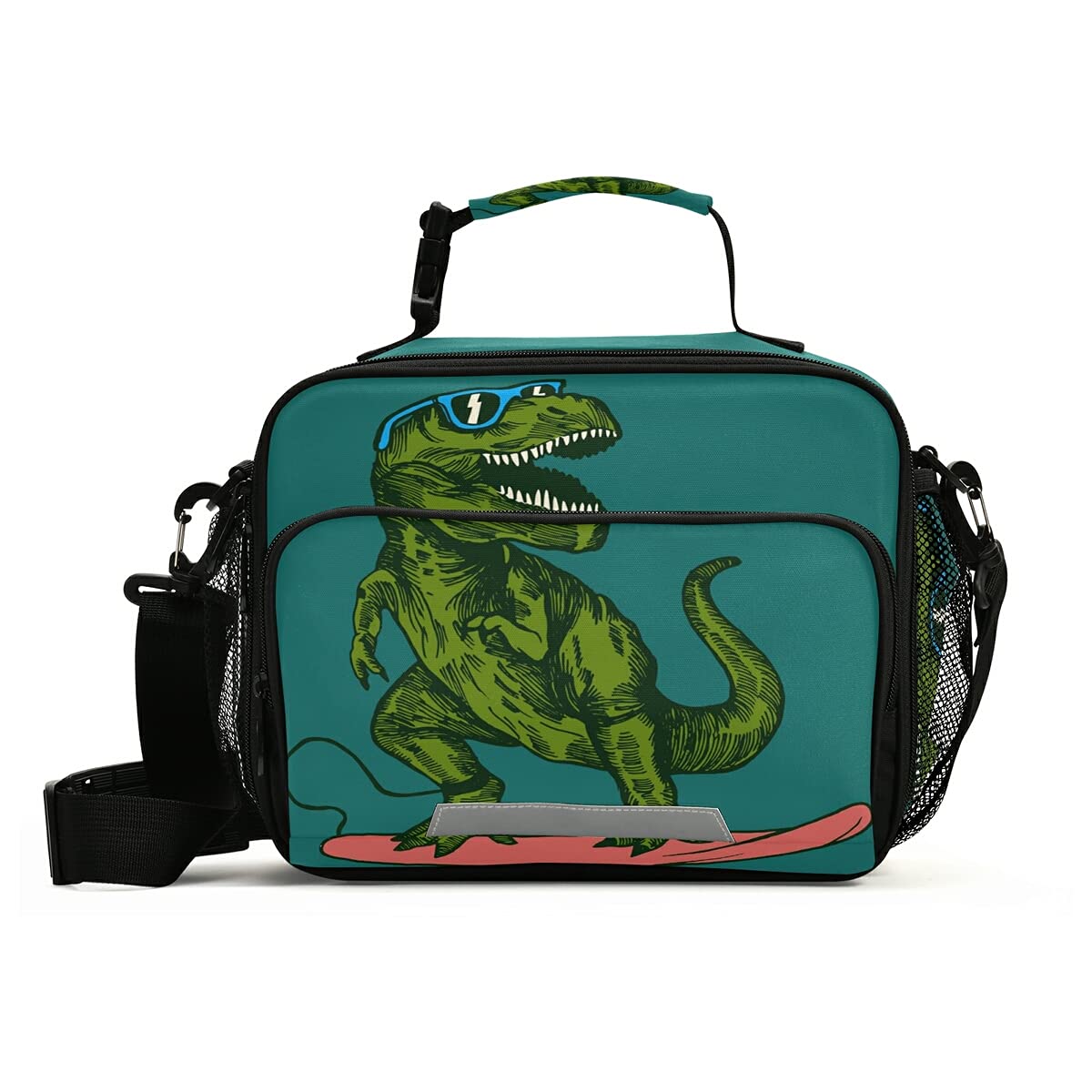 Dinosaur Lunch Box for Kids - Insulated Cooler Bag with Adjustable Shoulder Strap, Cute Surfer Dino Design - Perfect for School, Picnic, Beach & Skateboarding