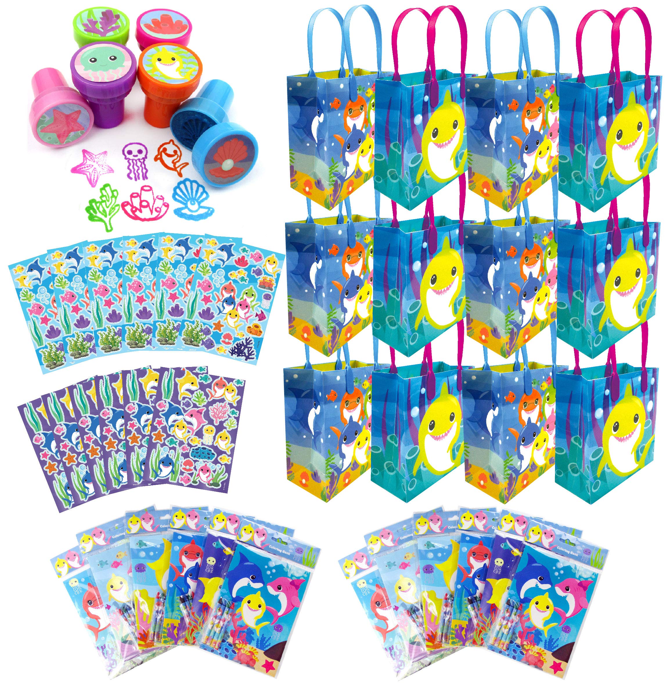 Shark Birthday Party Favors Set of 108 pcs - 12 Treat Bags, 24 Kids Stamps, 12 Sticker Sheets, 12 Coloring Books, 48 Crayons - Perfect for Shark-Themed Birthday Parties, Classroom Rewards & Kids' Goodie Bags