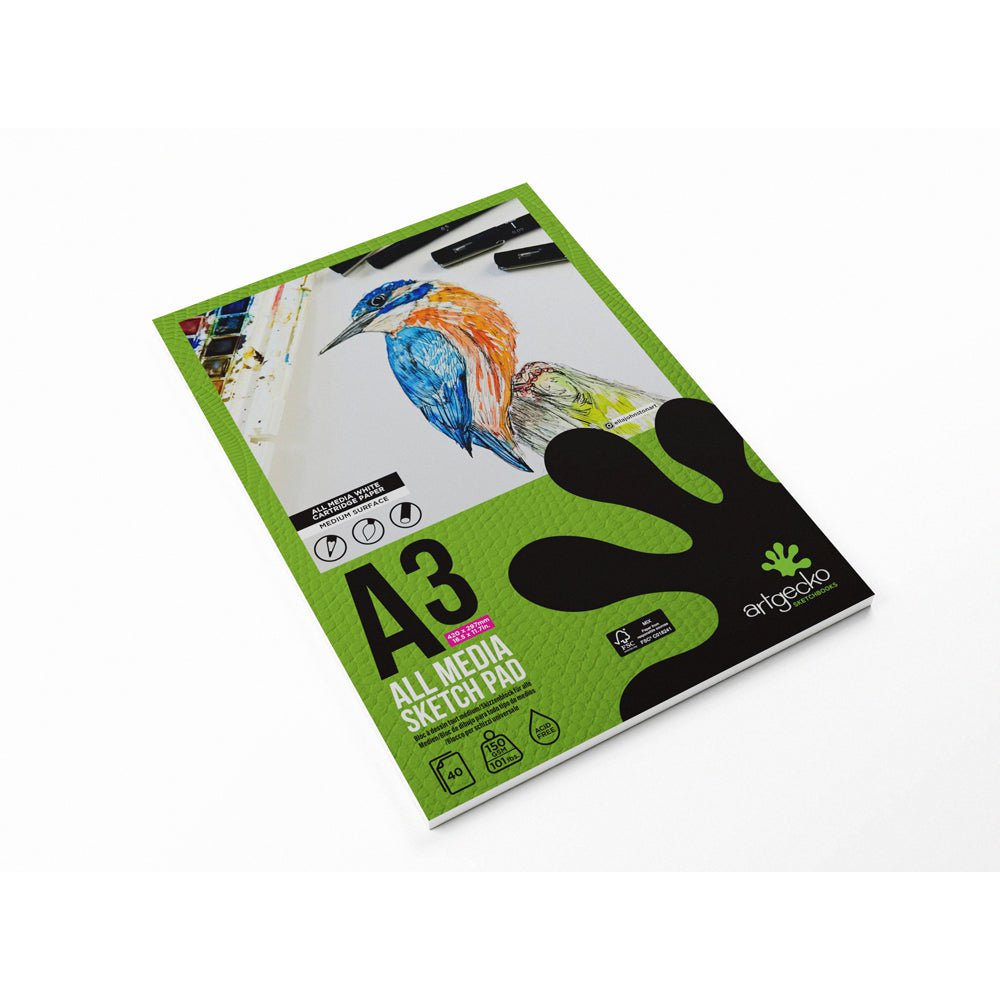 Artgecko Pro All Media Sketchpad A3 - 40 Sheets 150gsm White Paper for Drawing, Painting & Mixed Media - Perfect for Artists, Students & Professionals