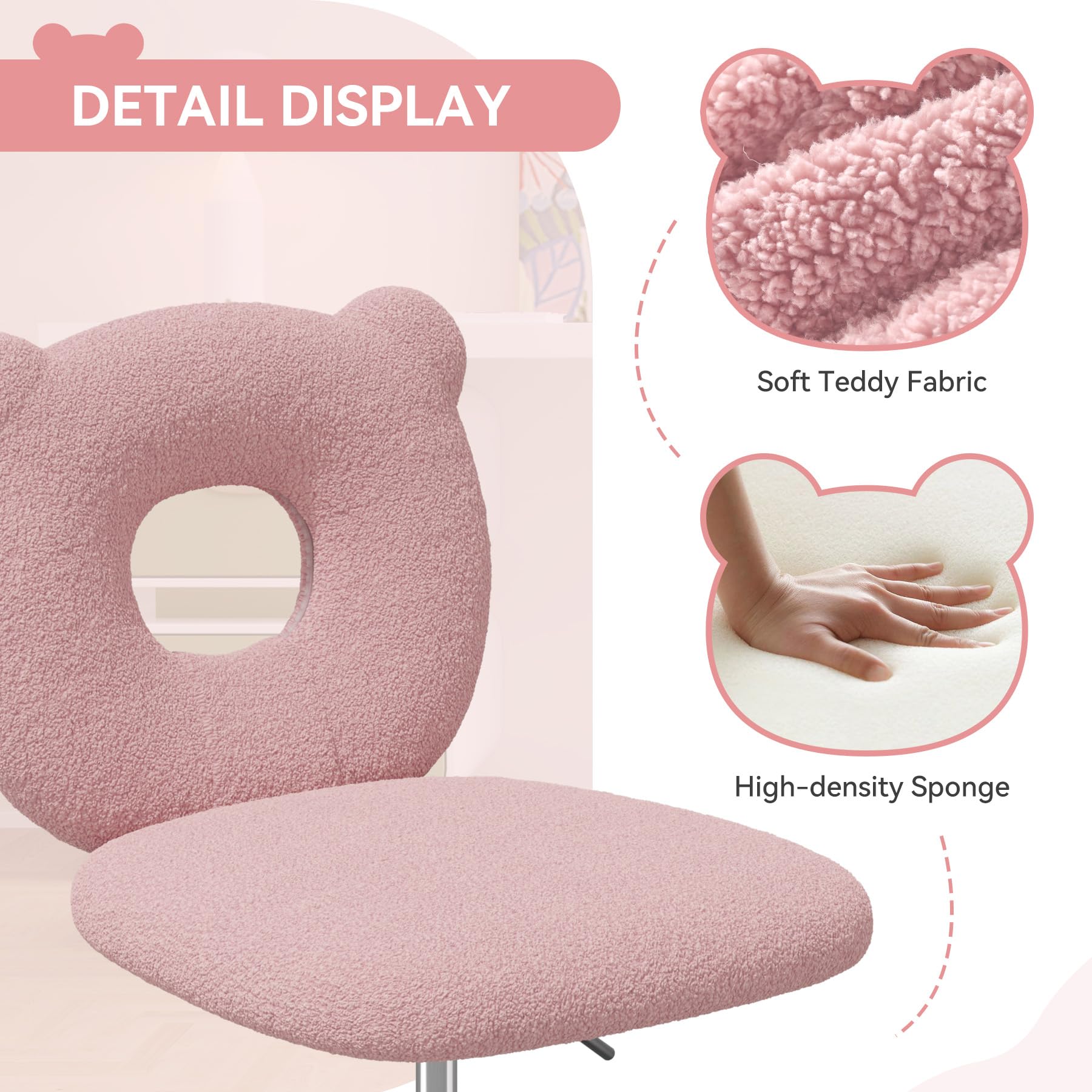 Adjustable Kids Desk Chair with Wheels & Back Support - Armless Study Chair for Children, Teddy Fabric Office Chair for Girls & Women - Perfect for Bedroom, Living Room, Study & Vanity Makeup Area (Pink)