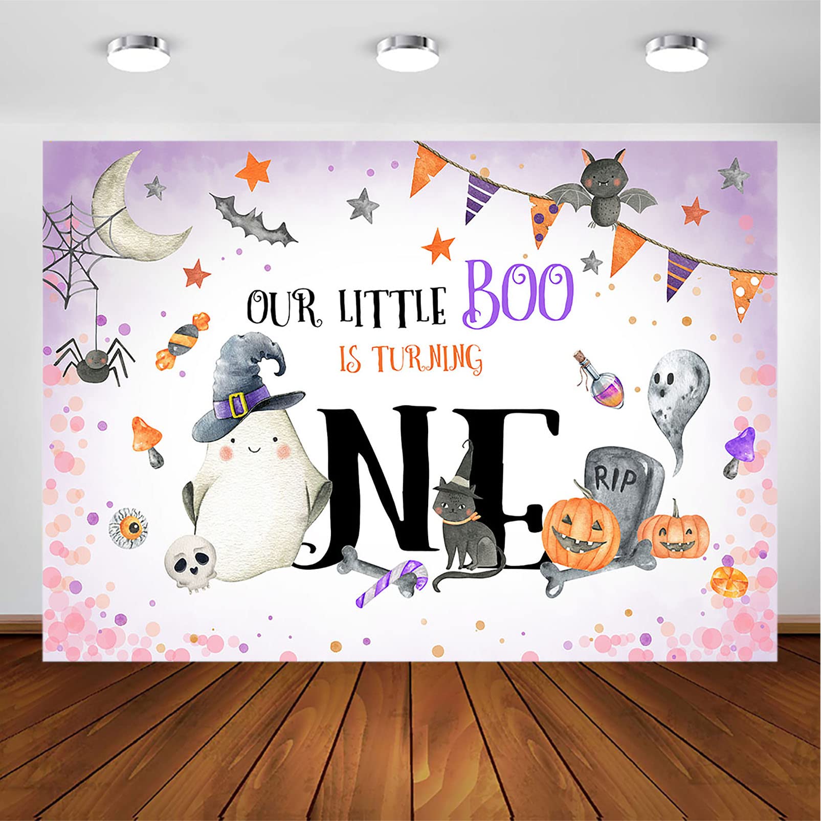 Spooky Halloween First Birthday Party Backdrop - Little Boo Ghost & Pumpkin Design - 8x6ft Photo Backdrop for 1st Birthday Decorations, Baby Photoshoot, and Seasonal Celebrations