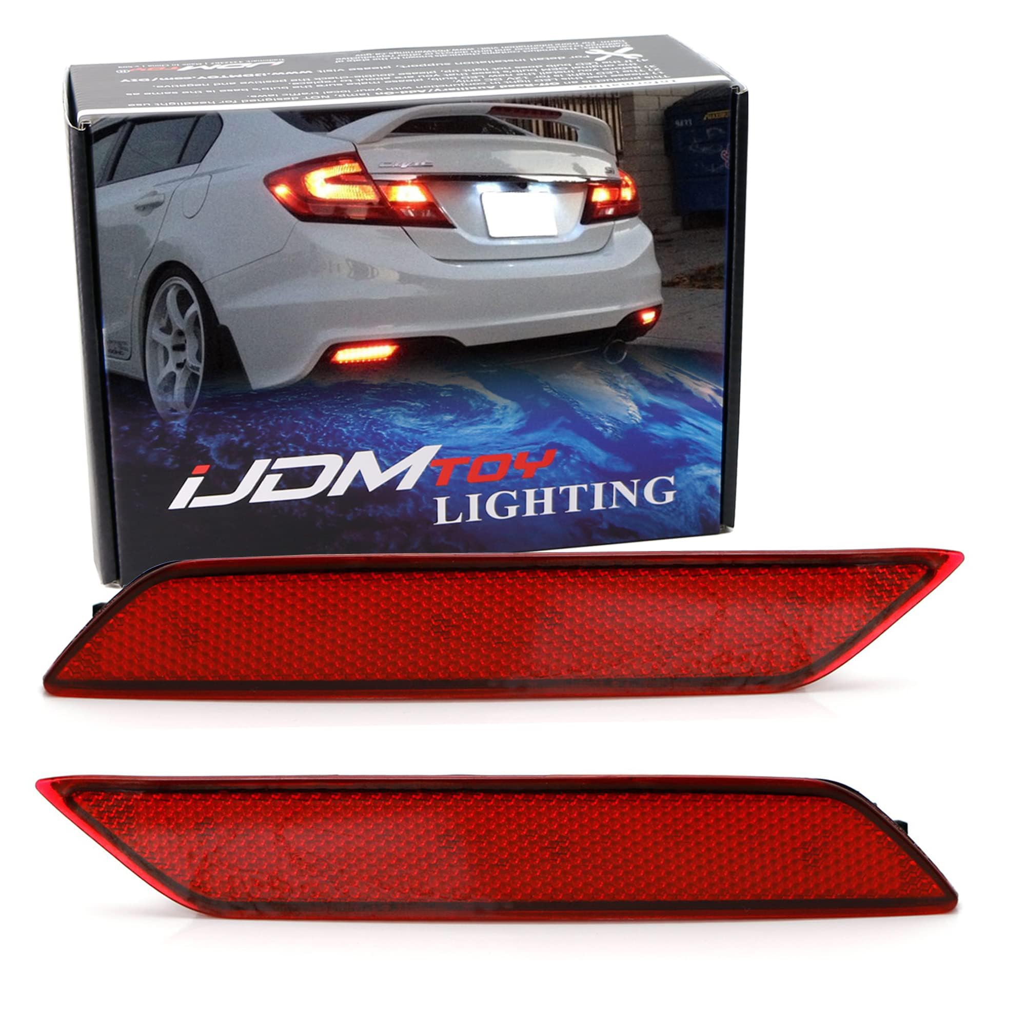 iJDMTOY 60-SMD LED Bumper Reflector Lights - Red Lens for 2013-2015 Honda Civic Sedan | Tail Lights, Brake Lights & Rear Fog Lights Replacement | Enhanced Night Visibility & Safety Driving