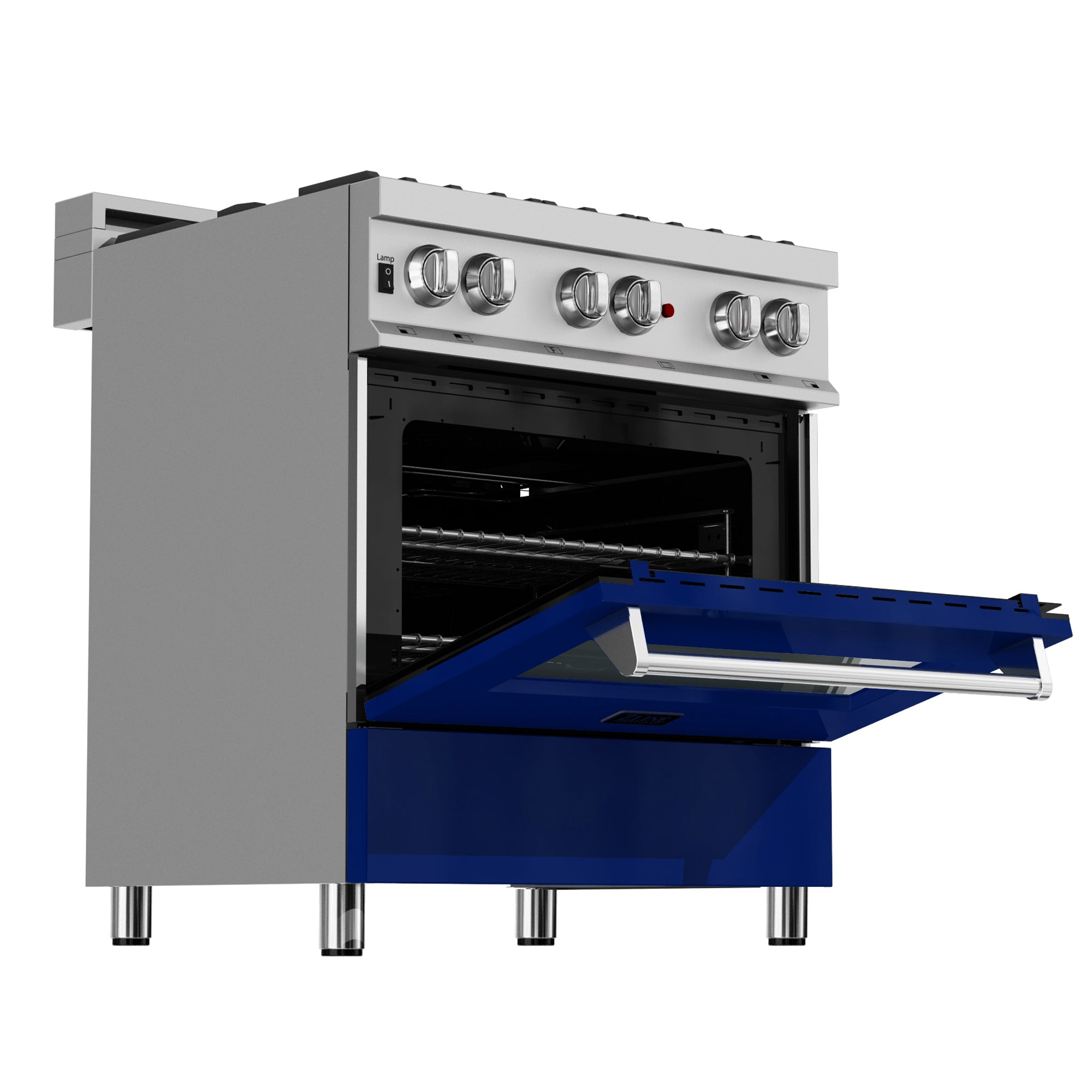 ZLINE 30 Inch 4.0 cu ft Dual Fuel Range - 4 Burner Gas Cooktop & Electric Convection Oven - Satin Stainless Steel with Blue Gloss Door (RAS BG 30) - Perfect for Modern Kitchens & Professional Cooking