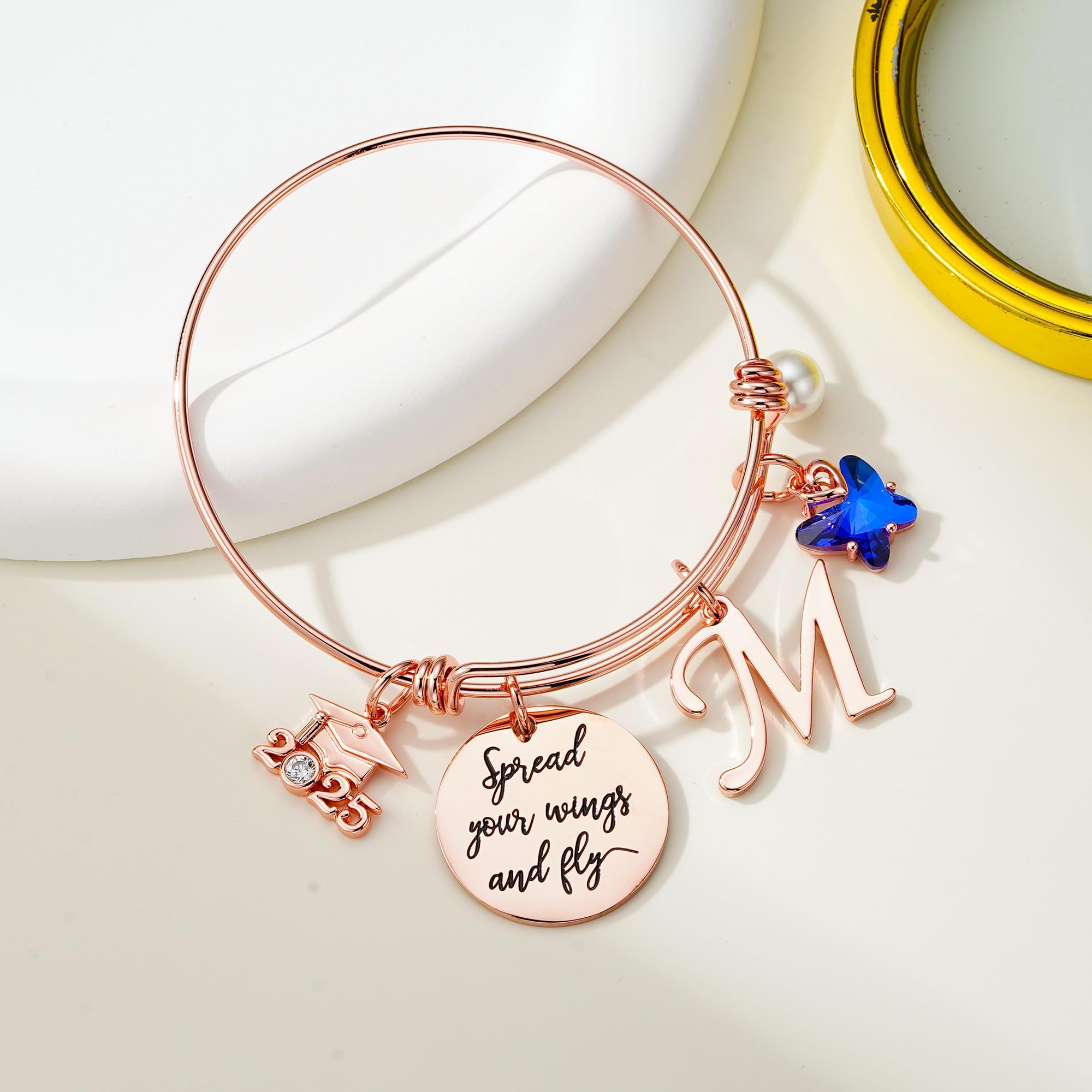 **2025 Graduation Gifts for Her - Butterfly Initial Bracelet with Inspirational Quote 
