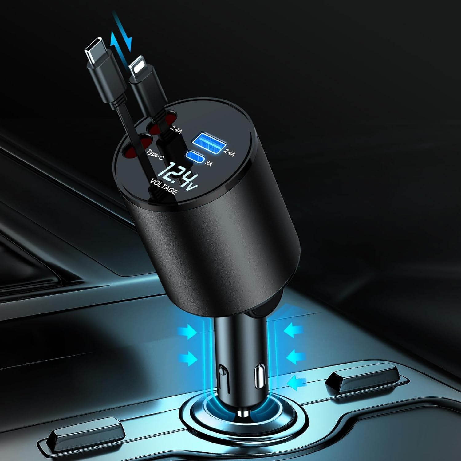 4-in-1 60W Super Fast Retractable Car Charger with 2 USB Ports & 2 Retractable Cables - Compatible with iPhone 16/15/14/13/12/11, AirPods 4, Galaxy & Pixel - Perfect for Road Trips & Daily Commutes