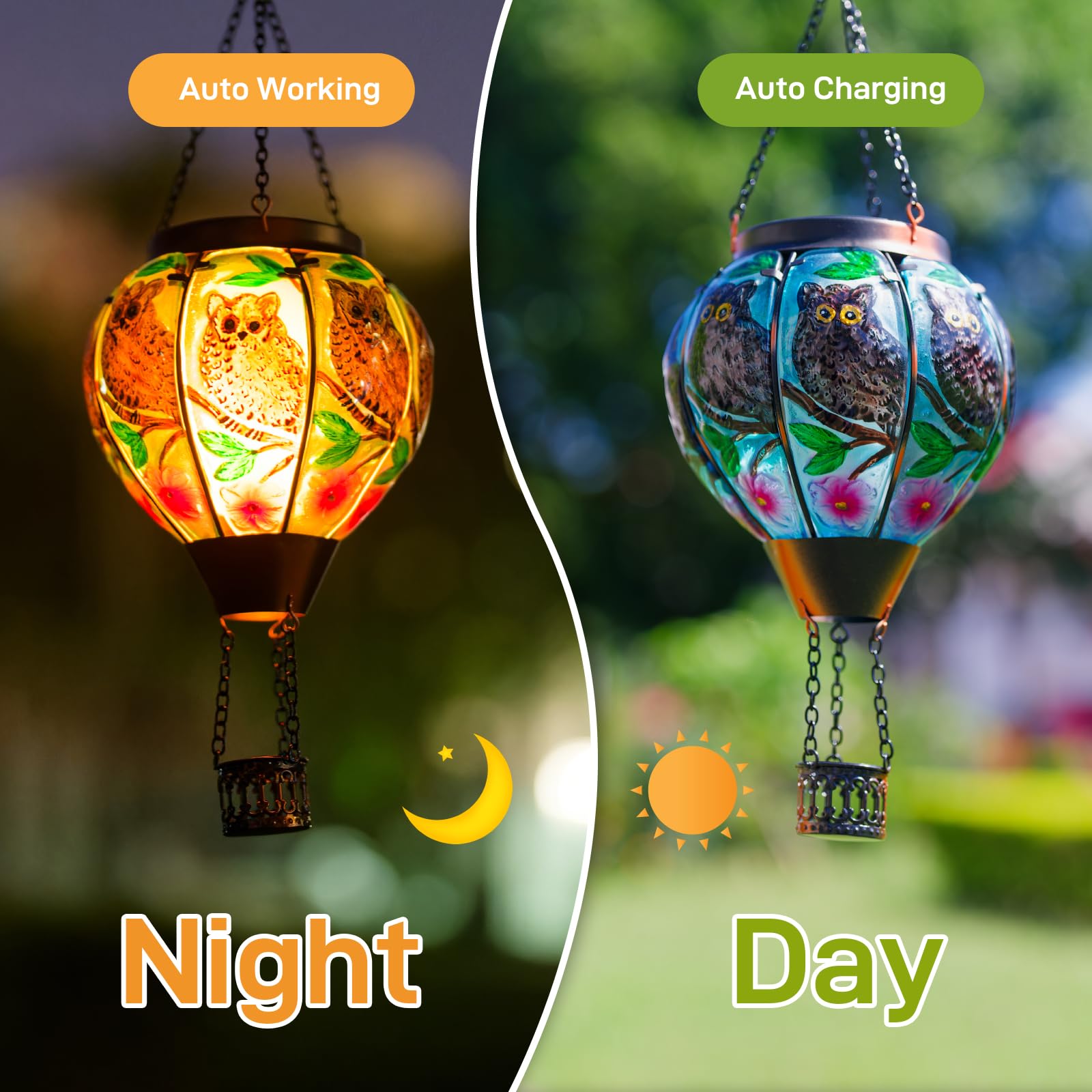 Solar-Powered Owl Hot Air Balloon Lantern with Flame Effect - Waterproof Outdoor Hanging Light for Garden, Patio, Porch & Yard Decor | Perfect for Romantic Evenings, Parties & Landscape Lighting
