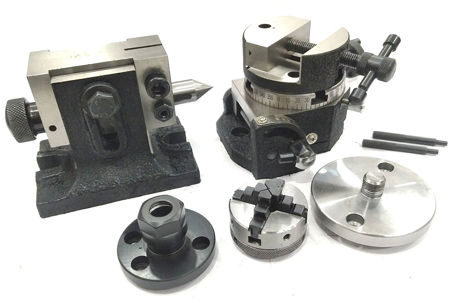 80mm Tilting Rotary Table with Round Vice, ER20 Collet Adaptor, Tailstock & Chuck - Milling Indexing Tools for CNC & Manual Machines | Includes 50mm 4-Jaw Self-Centering Chuck, Back Plate & T-Nut Bolts | Perfect for Precision Machining, Metalworking & DIY Projects