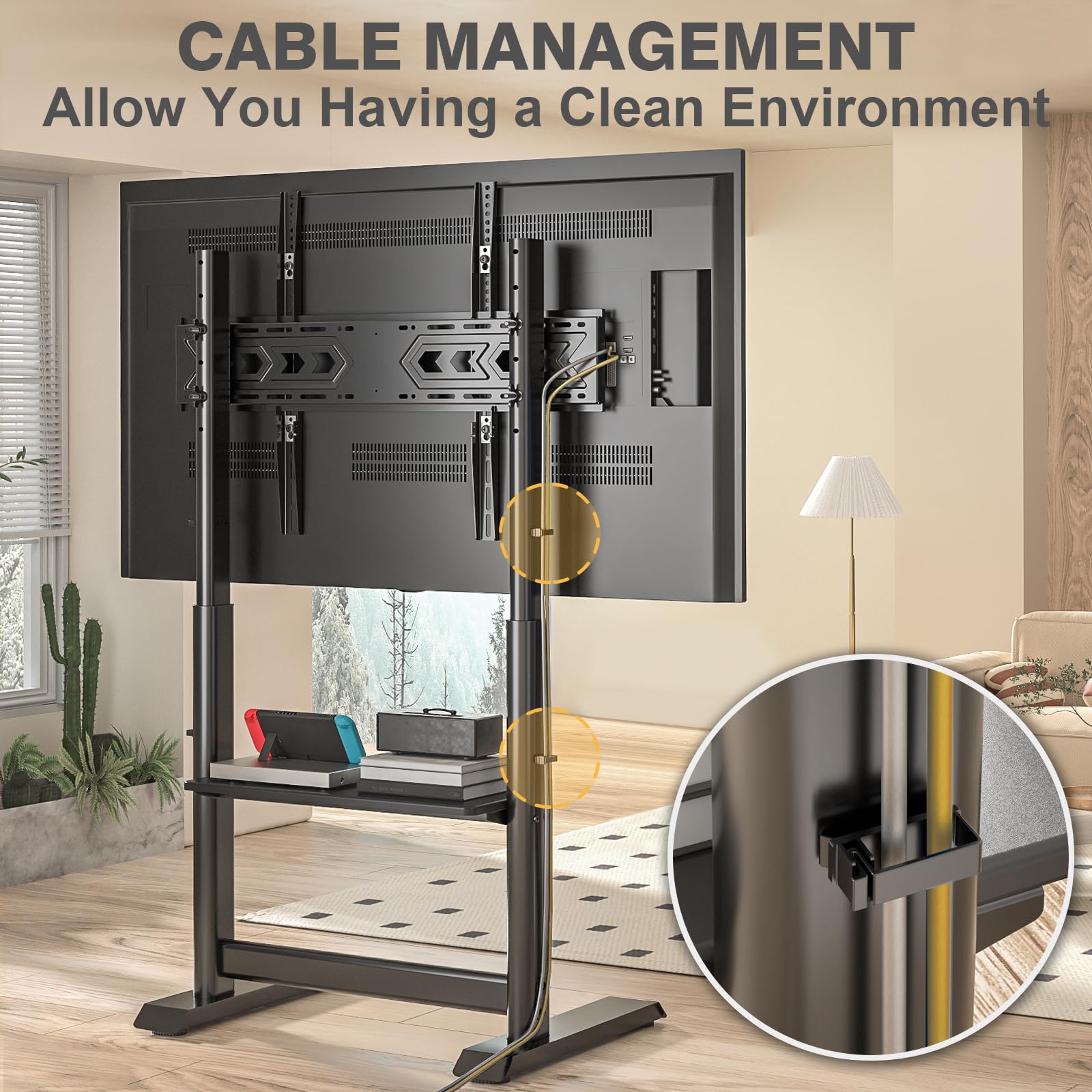 Heavy Duty Universal TV Floor Stand for 55-100 Inch TVs up to 150 lbs - Adjustable Height Tall TV Stand with Mount & Large Storage Shelf - Perfect for Living Room, Bedroom, Home Theater - Black