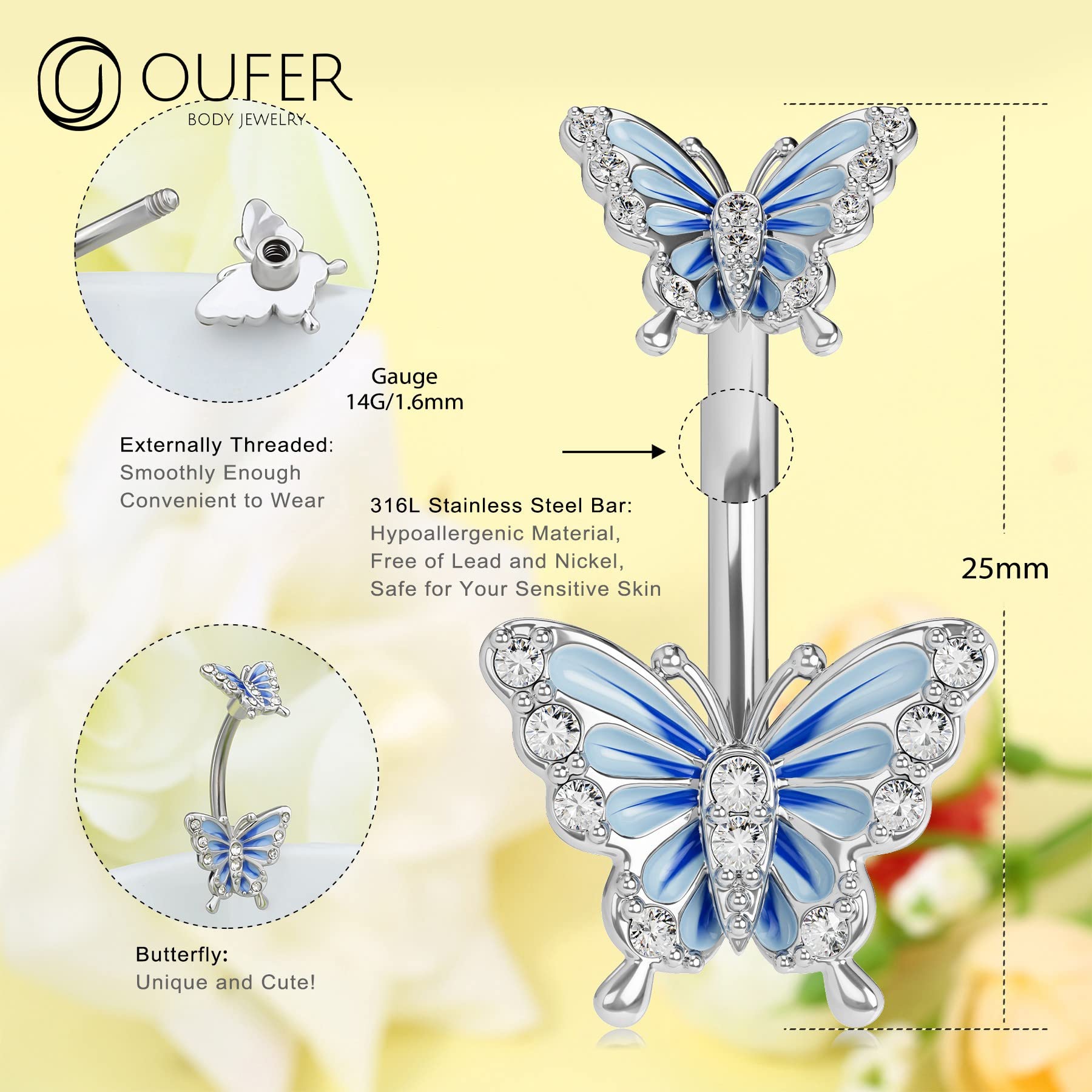OUFER 14G Surgical Steel Belly Button Ring - Blue Butterfly CZ Navel Piercing Jewelry, 10mm Silver Barbell for Women, Perfect Gift for Piercing Lovers | Ideal for Everyday Wear, Parties, and Special Occasions