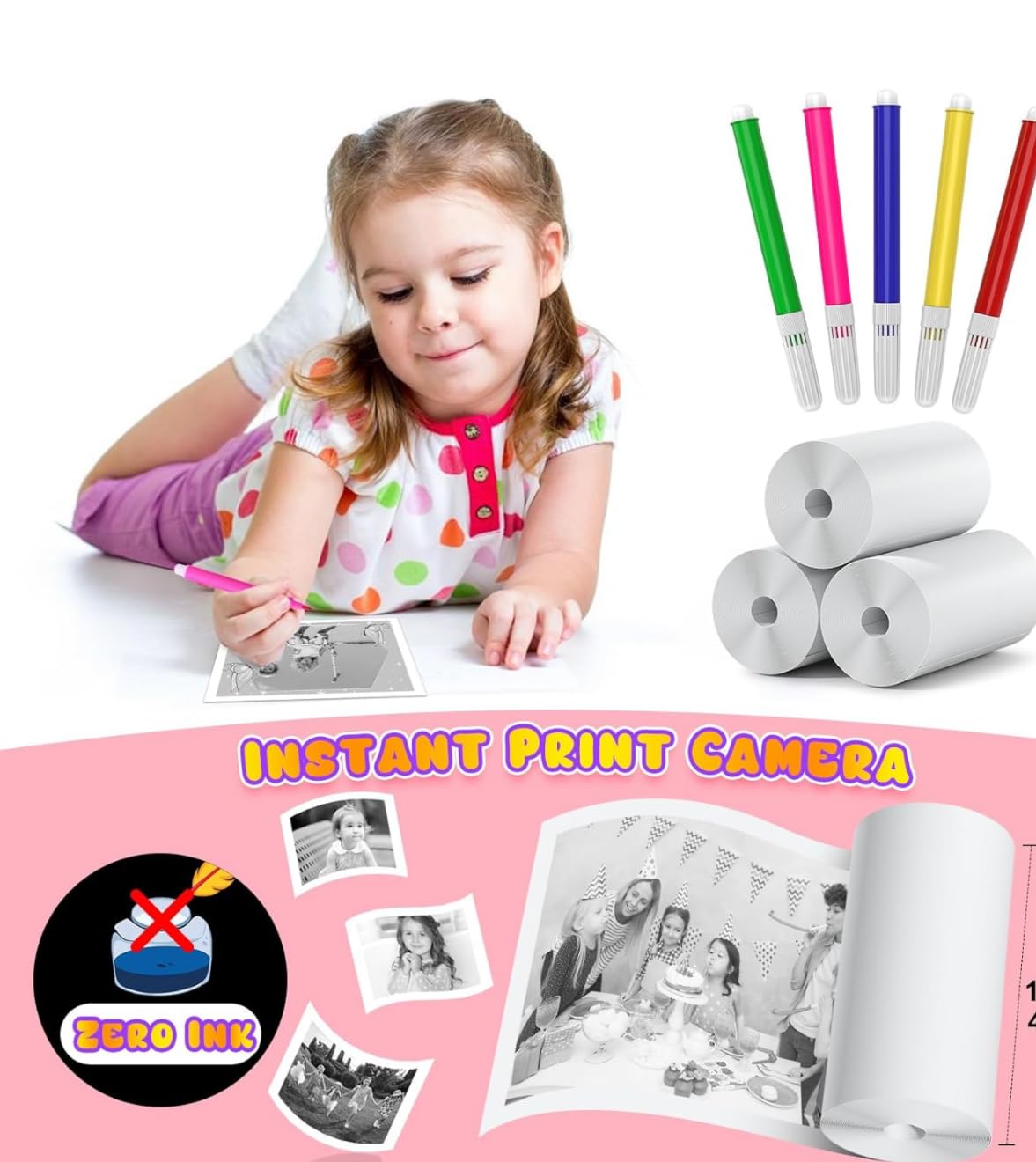 Instant Camera Thermal Printing Paper Rolls - Inkless, No Ink Needed for Kids' Camera - 57x25mm, 4 Rolls/Pack - Perfect for Birthday Parties, Travel Memories & Instant Photo Fun
