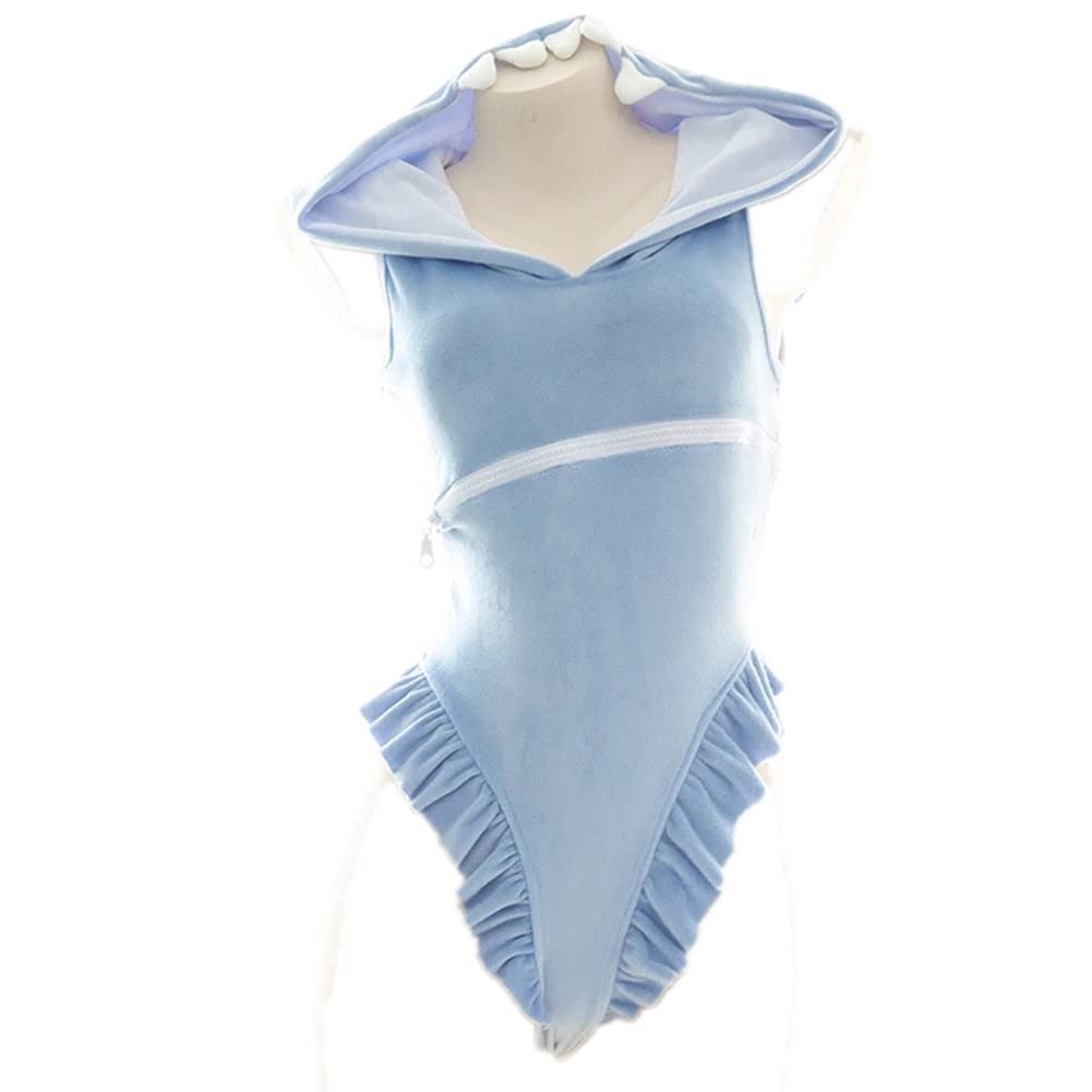**Gawr Gura Cosplay Costume - Cute Shark Plush Hooded Zipper Bodysuit with Ruffles | VTuber Outfit for Halloween, Anime Conventions & Themed Parties**    *(Note: 