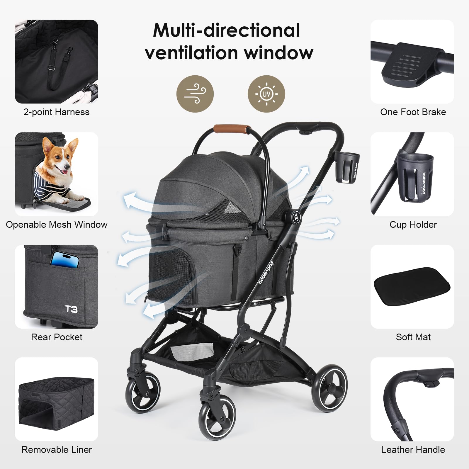 T3 3-in-1 Small Pet Stroller for Dogs & Cats - 4-Wheel Lightweight Folding Stroller with Removable Carrier, Cushion Pad, Sun Canopy & Cup Holder - Perfect for Walking, Shopping & Outdoor Adventures (Black)