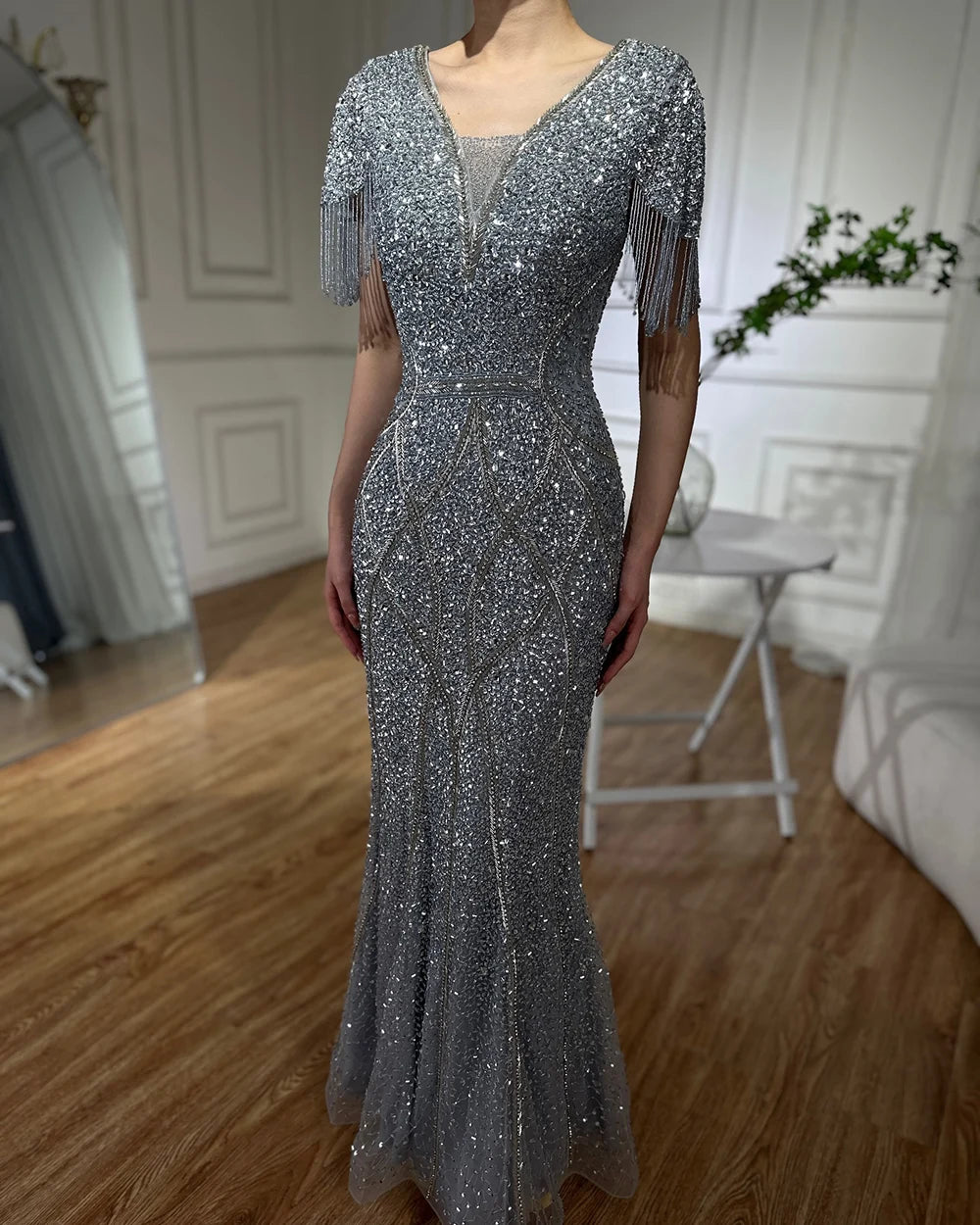 Elegant Dubai Gray Saudi Arabic Evening Gown with Beaded Tassel - Formal Abaya Dress for Women - LA72743 - Perfect for Weddings, Galas and Special Occasions