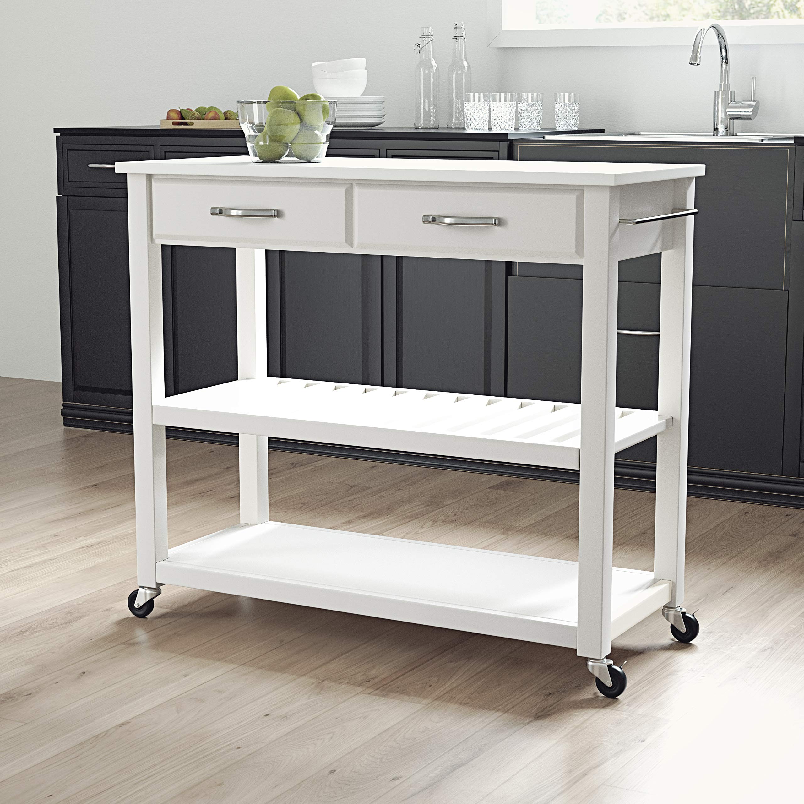 Crosley White Kitchen Prep Rolling Cart with Stone Top - Microwave Stand, Coffee Bar, Storage Shelves - Perfect for Small Spaces, Apartments & Kitchen Organization