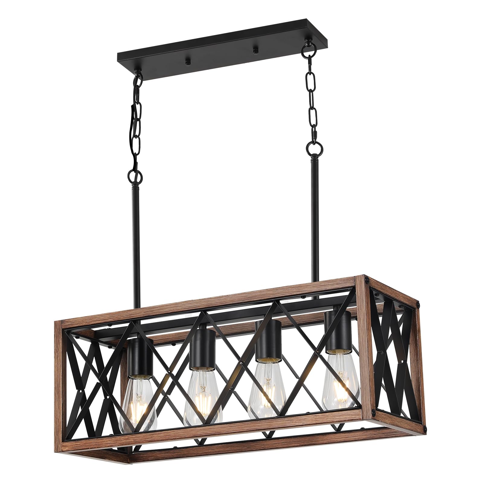 SEEBLEN Farmhouse Pendant Light Fixture - 39 Inch Adjustable Height, 4-Light Wood Grain Finish Chandelier for Dining Room, Kitchen Island & Bar | Rustic Lighting for Farmhouse Decor, Breakfast Nook & Kitchen Sink Area