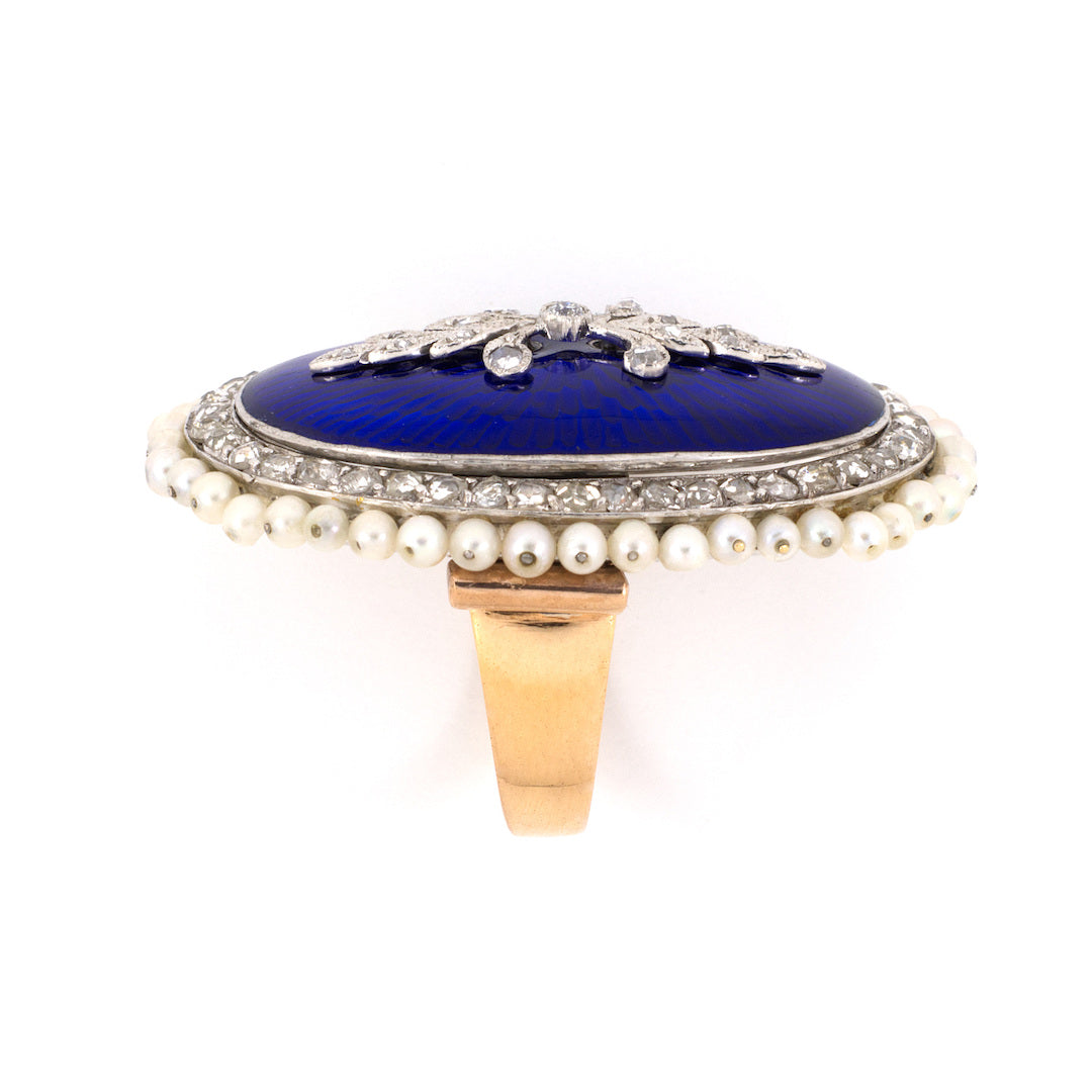 Victorian Style Retro Diamond Pearl & Enamel Dinner Ring - Elegant Antique Jewelry for Women | Perfect for Evening Parties, Weddings & Special Occasions