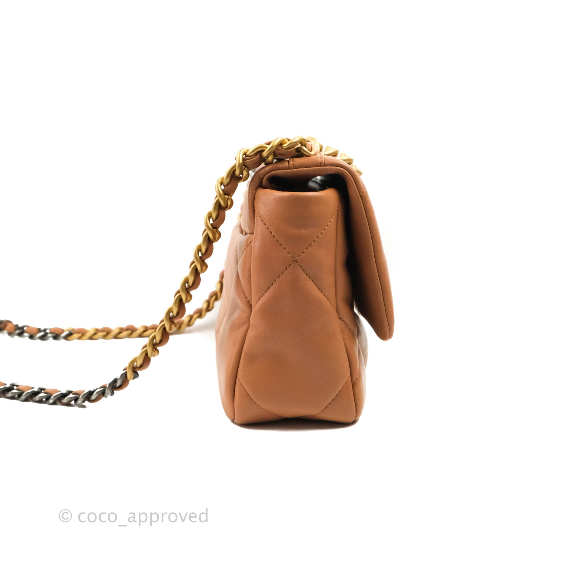 Chanel 19 Small Handbag in Caramel Dark Beige Lambskin Leather with Mixed Hardware 21K Collection - Perfect for Everyday Luxury & Special Occasions