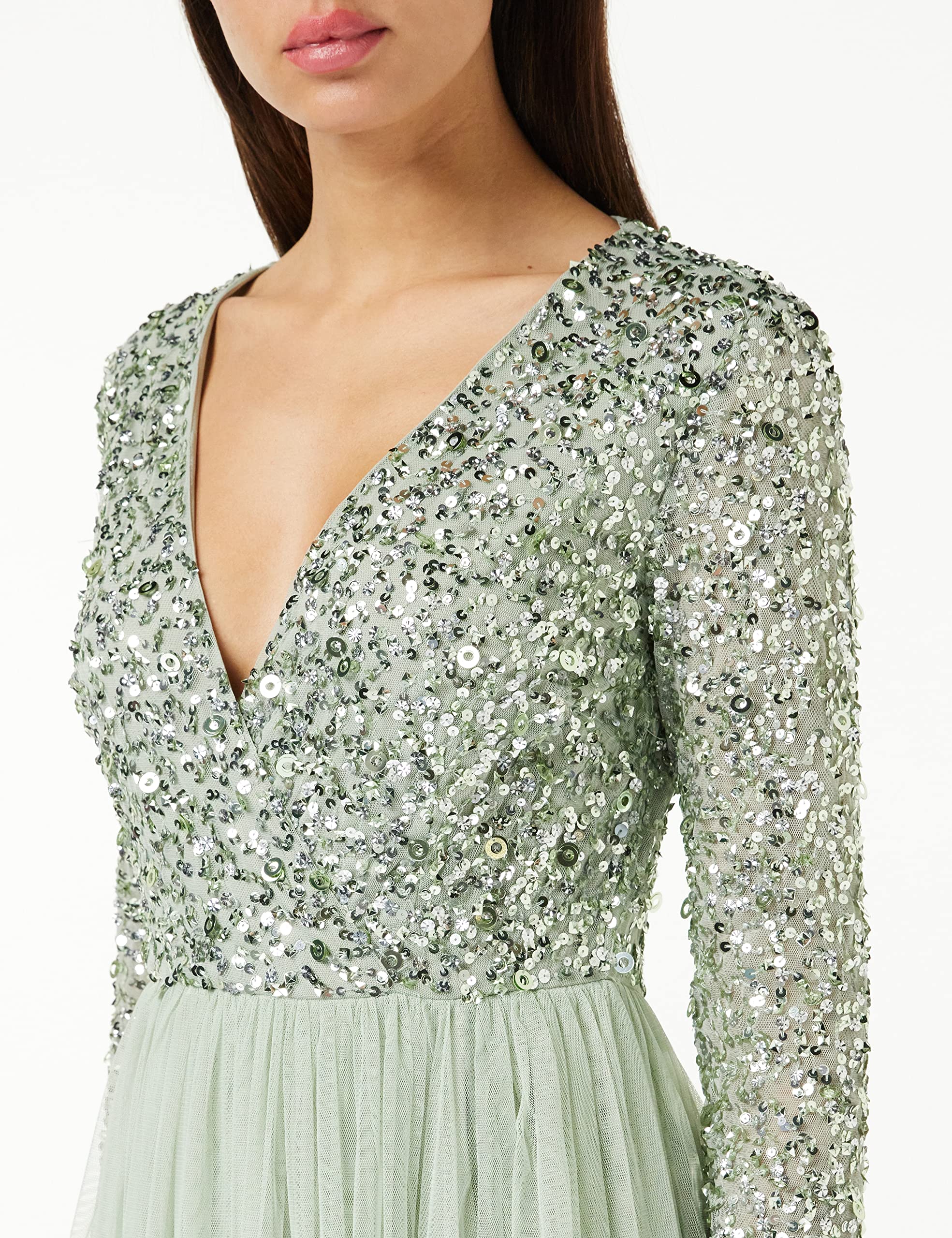 Elegant Long Sleeve V-Neck Sequin Embellished Maxi Dress for Women - Perfect for Wedding Guest, Bridesmaid, Prom & Evening Parties