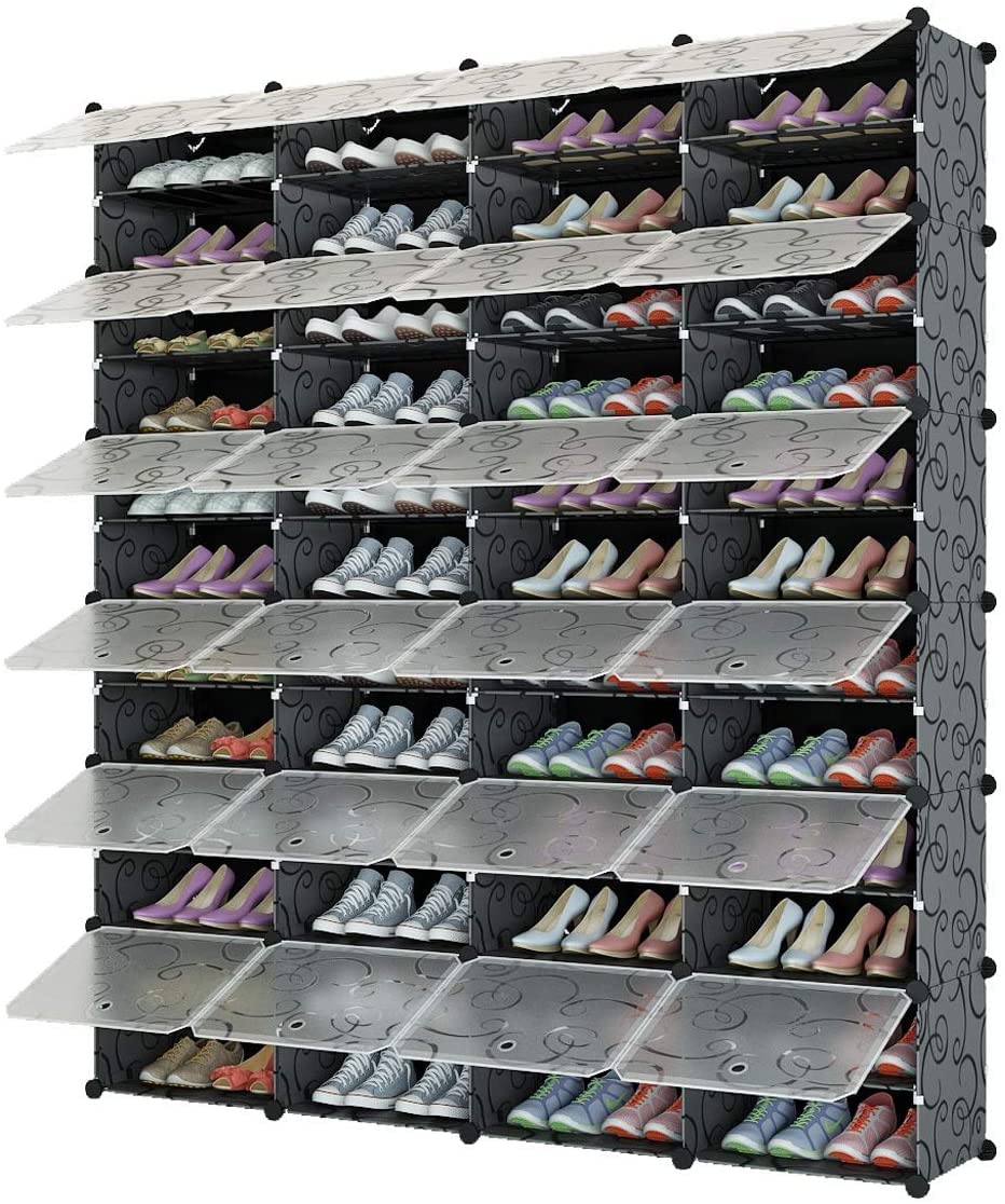 96 Pairs Expandable Stackable Shoe Rack Organizer - Space Saving Shoe Storage Cabinet with Hooks & Side Shelf for Entryway, Closet, Bedroom - Black (Perfect for Small Spaces & Home Organization)