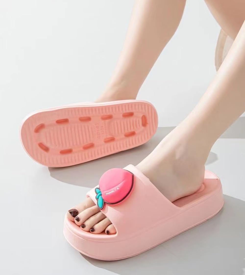 Women's Strawberry Print Cute Preppy Slippers - Anti-Slip Open Toe Soft Indoor/Outdoor Sandals for Home, Shower & Lounge | Perfect for College Dorm, Beach House & Cozy Nights