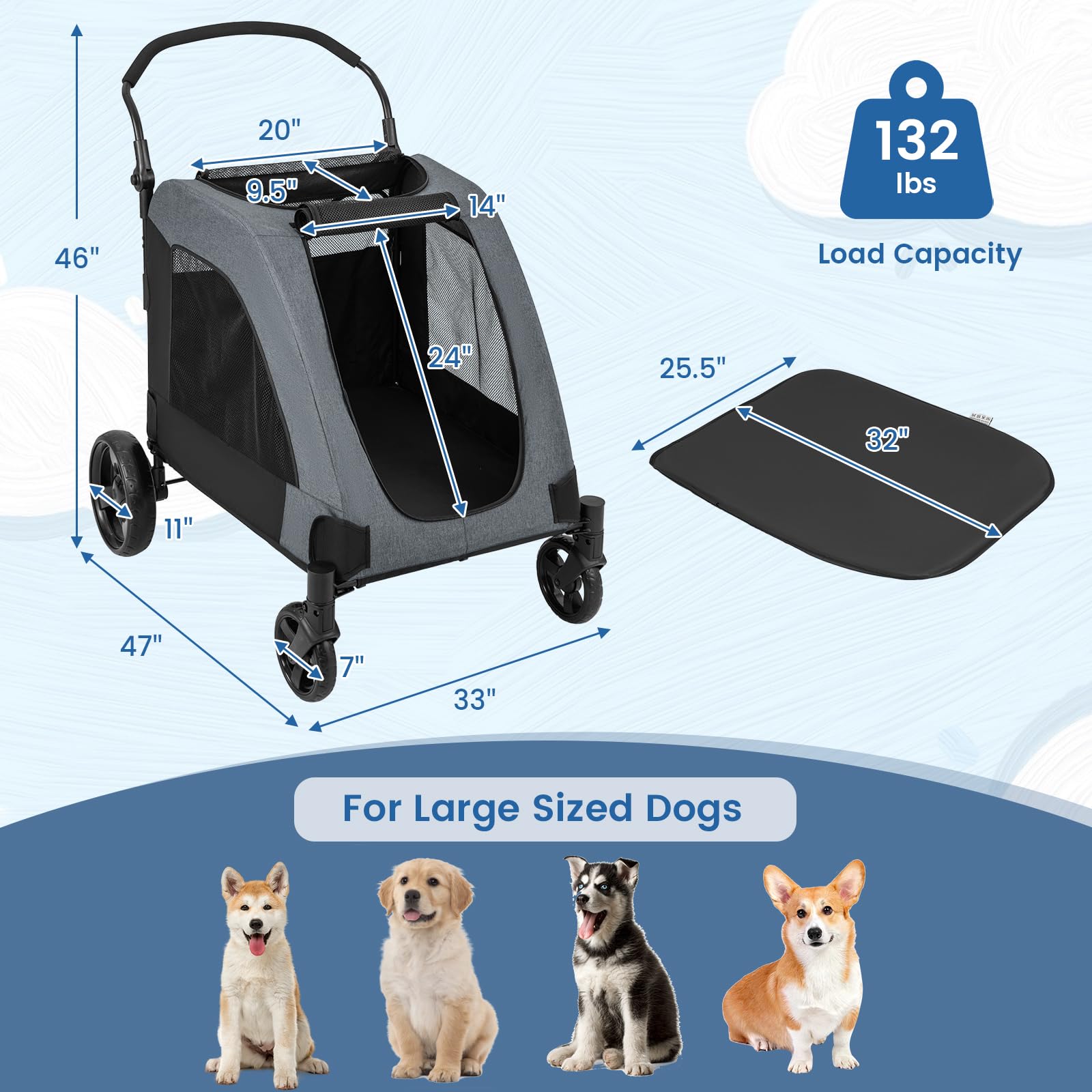 **Giantex Extra Large Dog Stroller for Big Dogs & Cats - Heavy Duty Pet Stroller for Senior Dogs, Safety Belt, Adjustable Handle, Removable Cushion, Foldable Design - Up to 132 lbs (Gray) - Perfect for Jogging, Shopping & Outdoor Adventures**